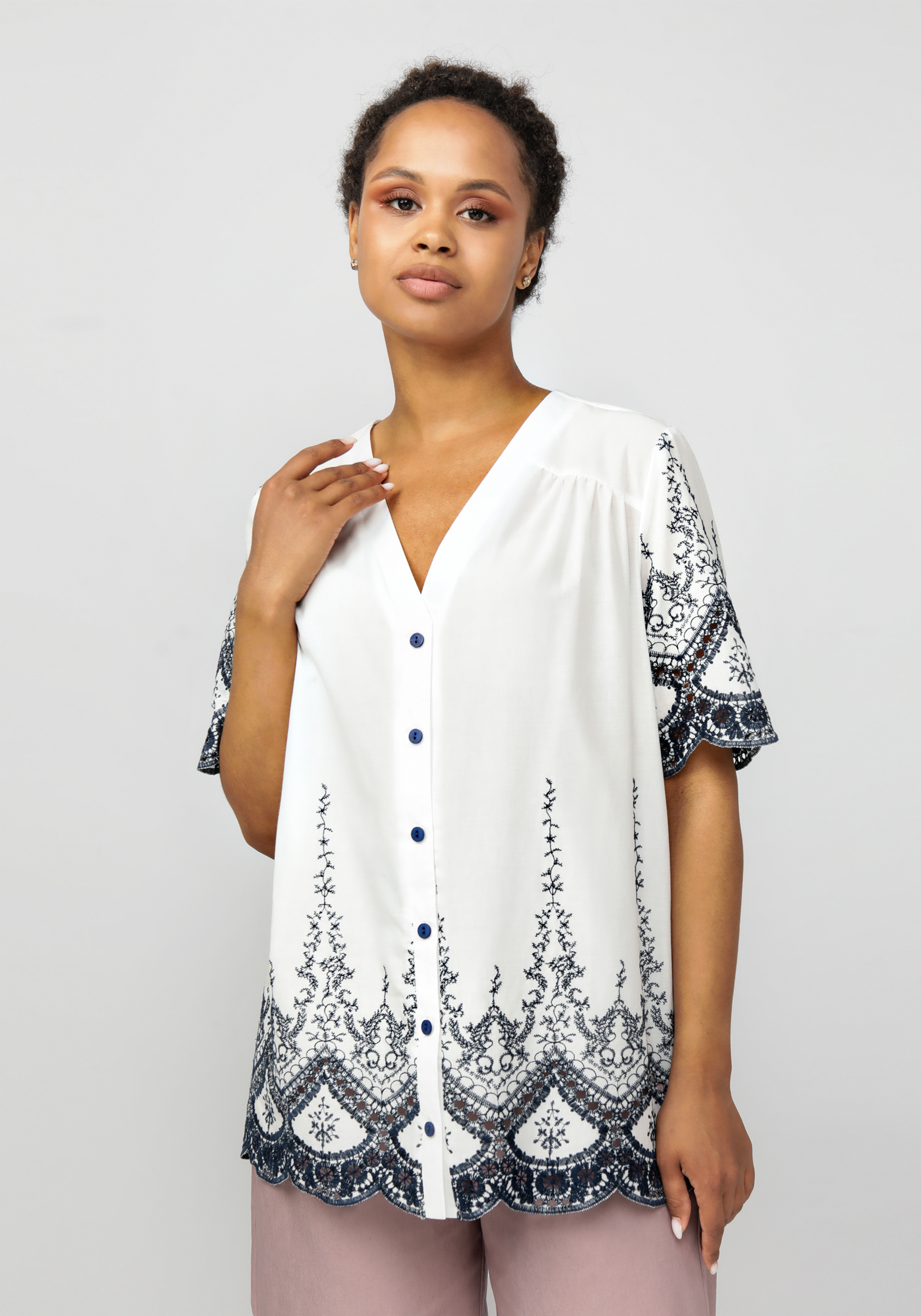 

Блуза с шитьем свободного кроя, Белый