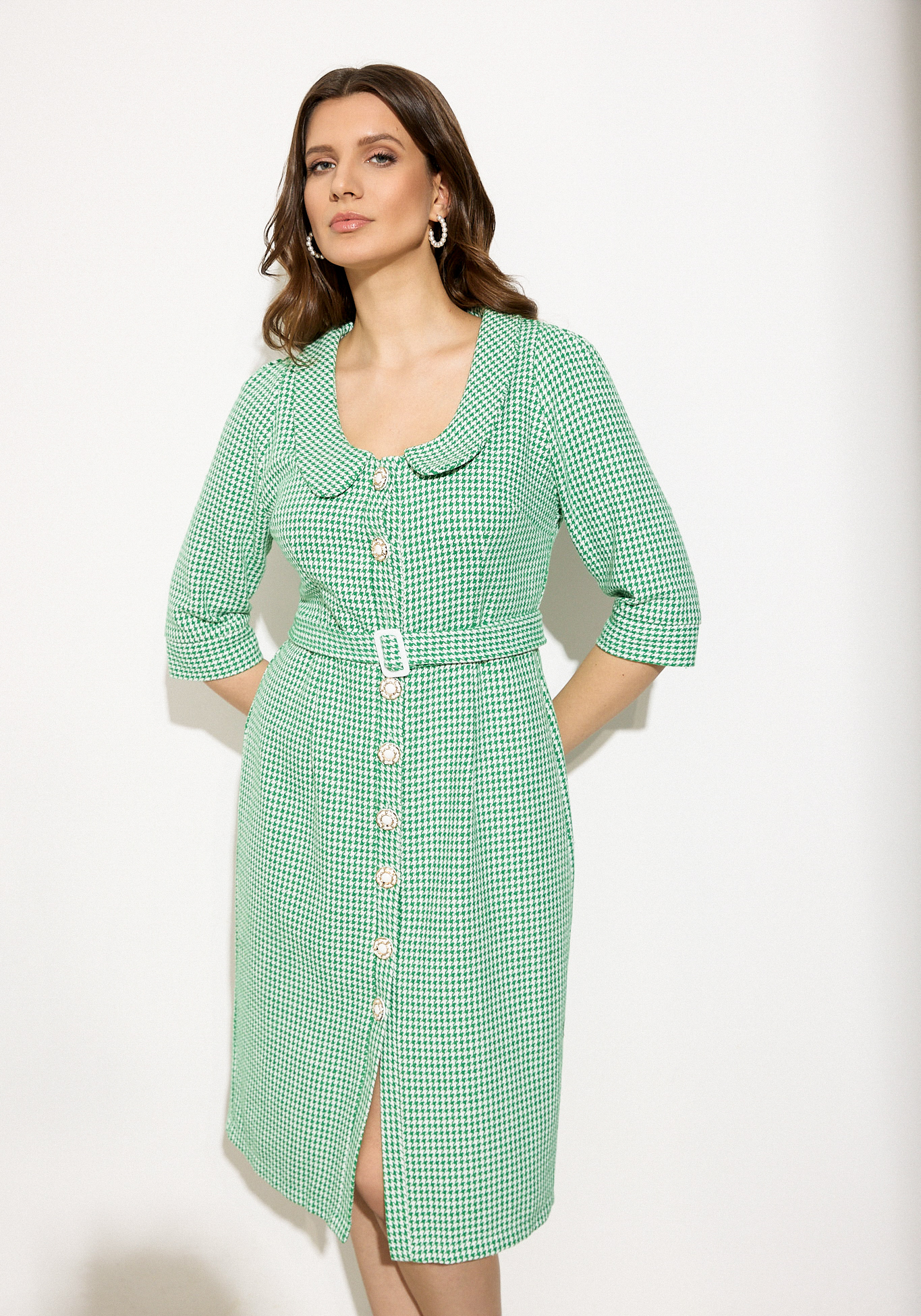 Платье на пуговицах с поясом в комплекте жен сарафан льняное лето зеленый р 50