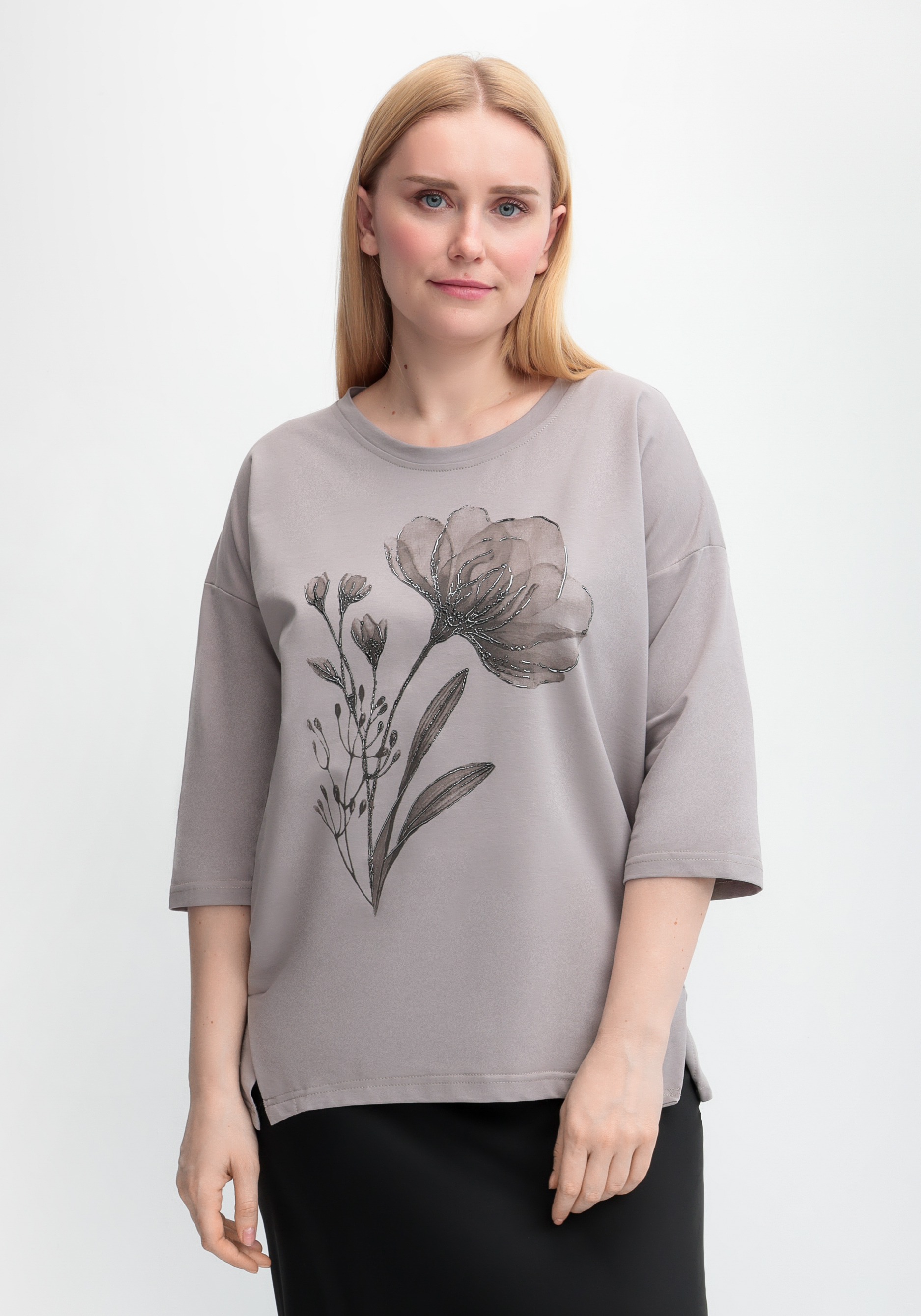 

Блуза с принтом цветка и рукавом 3/4, Коричневый