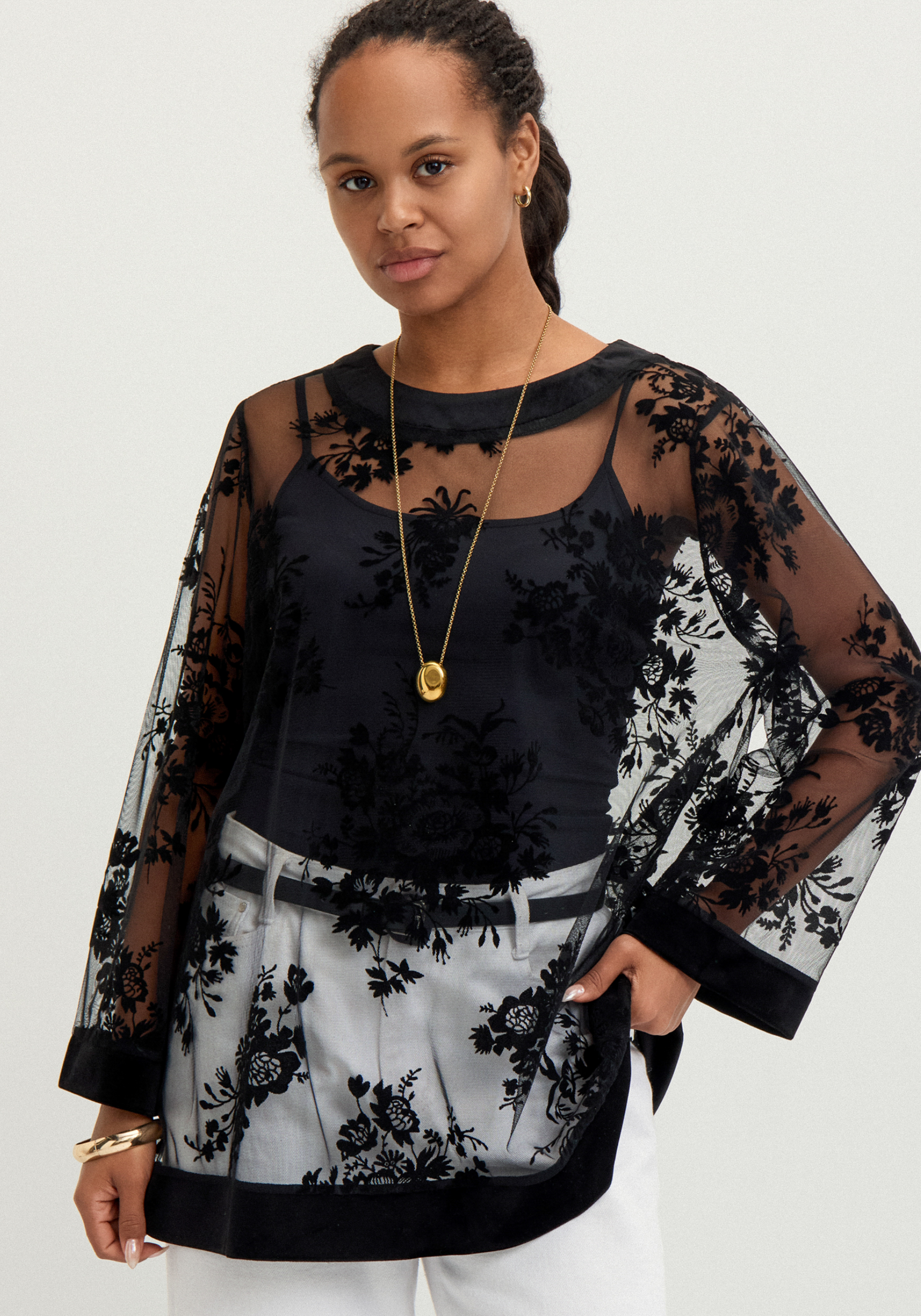 

Блуза из сетки с бархатным принтом, Черный