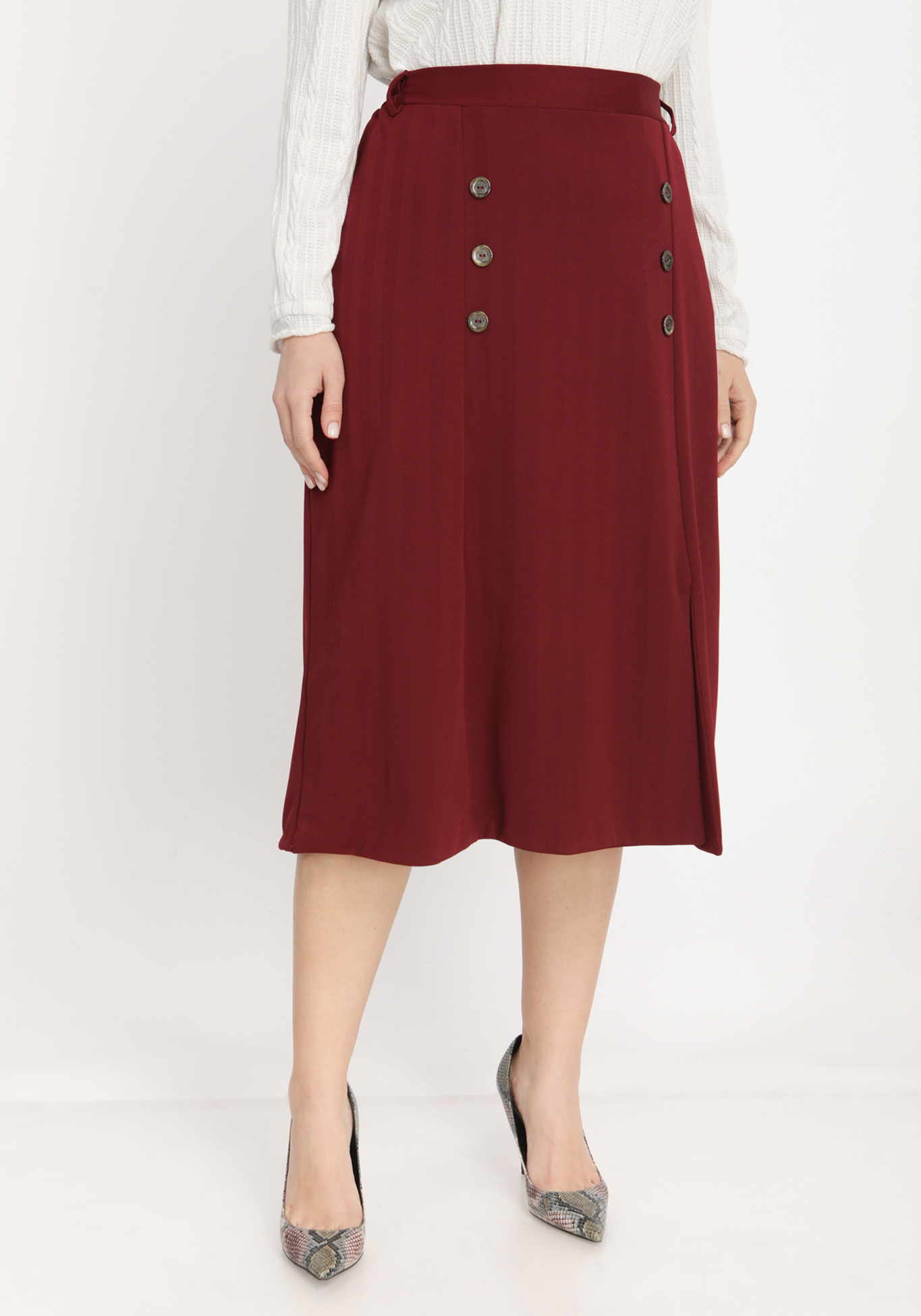 

Юбка с декоративными пуговицами и разрезом, Бордовый