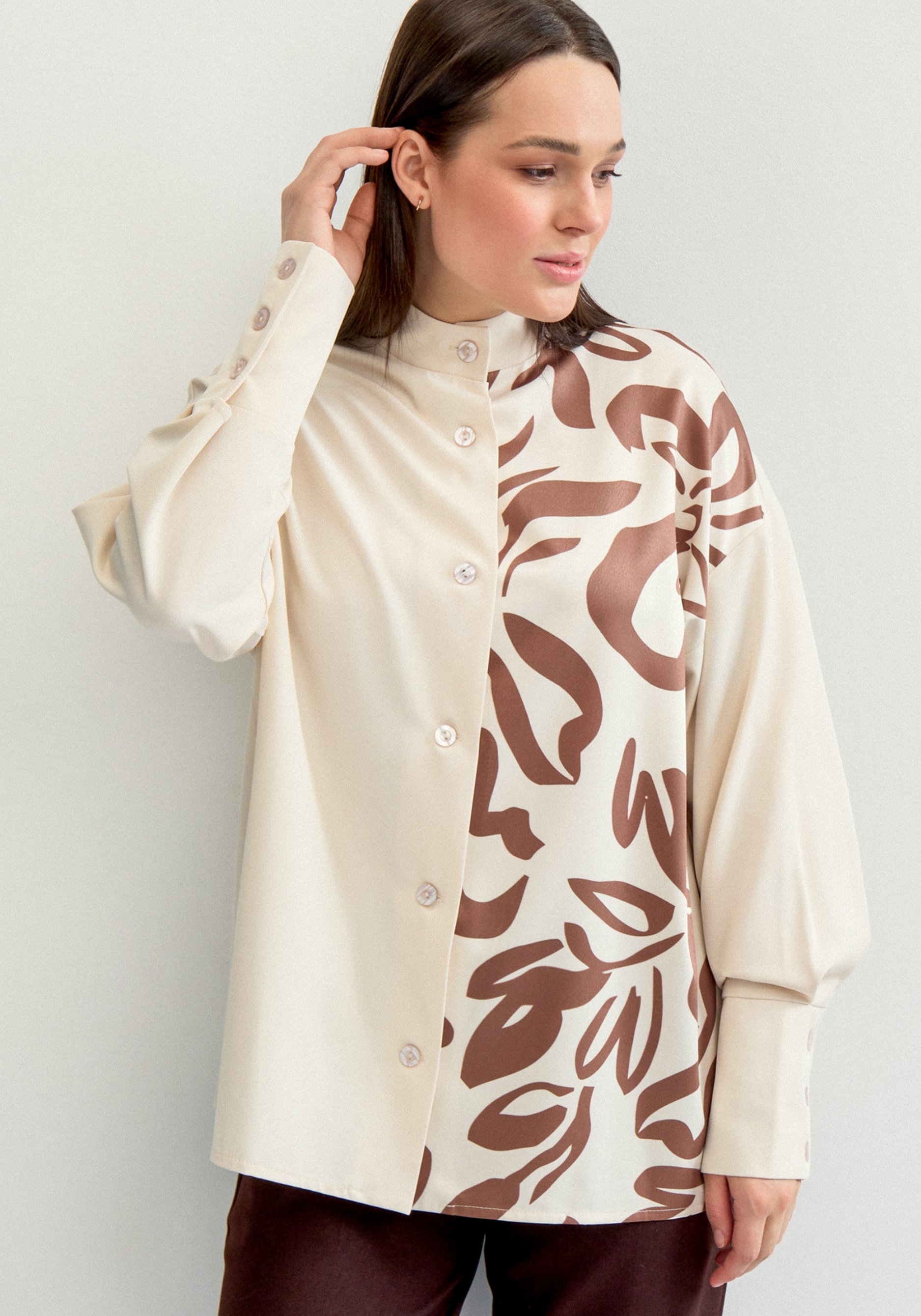 

Блуза комбинированная с воротником-стойкой, Бежевый