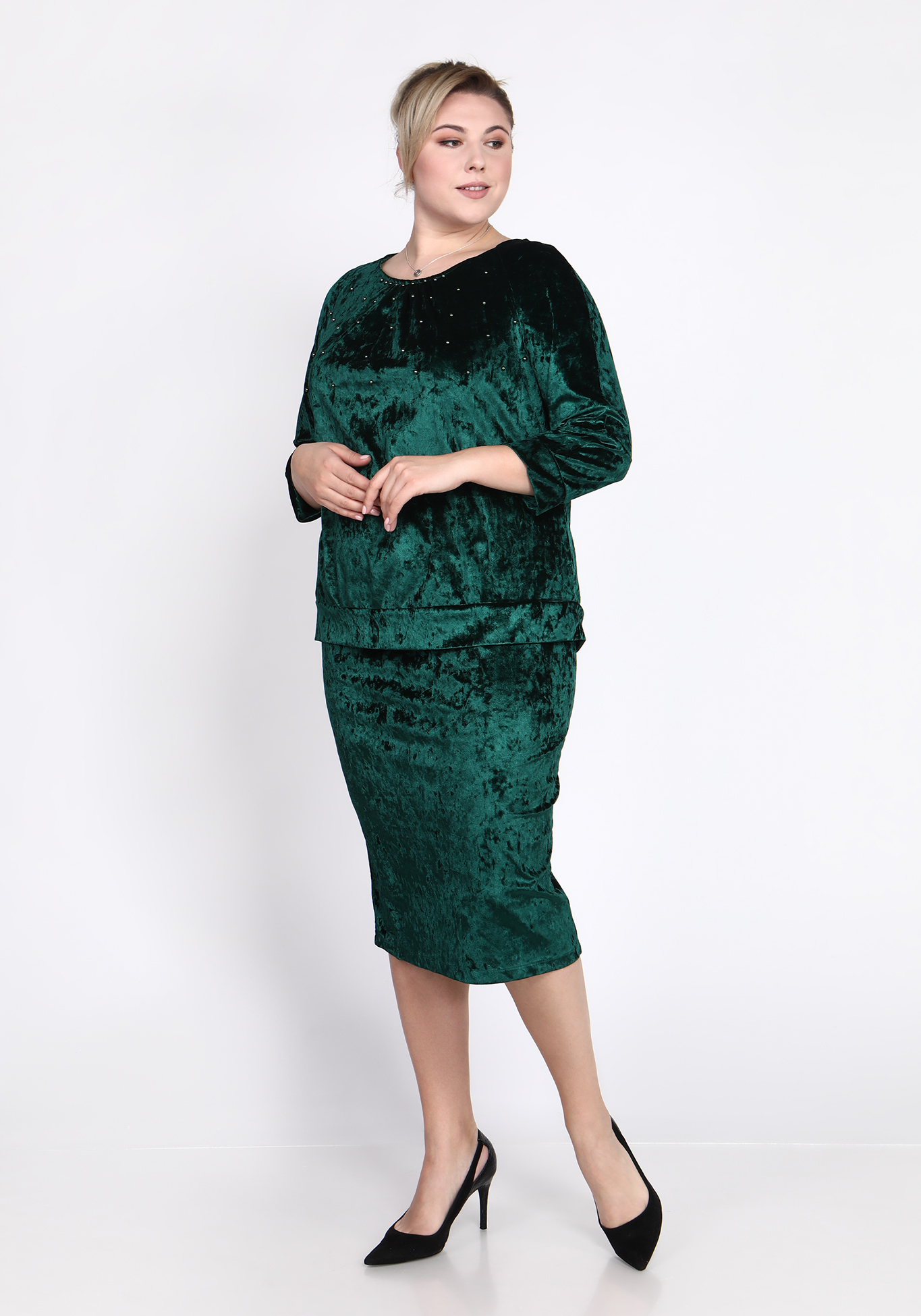 Костюм с юбкой из велюра Bianka Modeno, размер 50, цвет зелёный фантазийная - фото 3