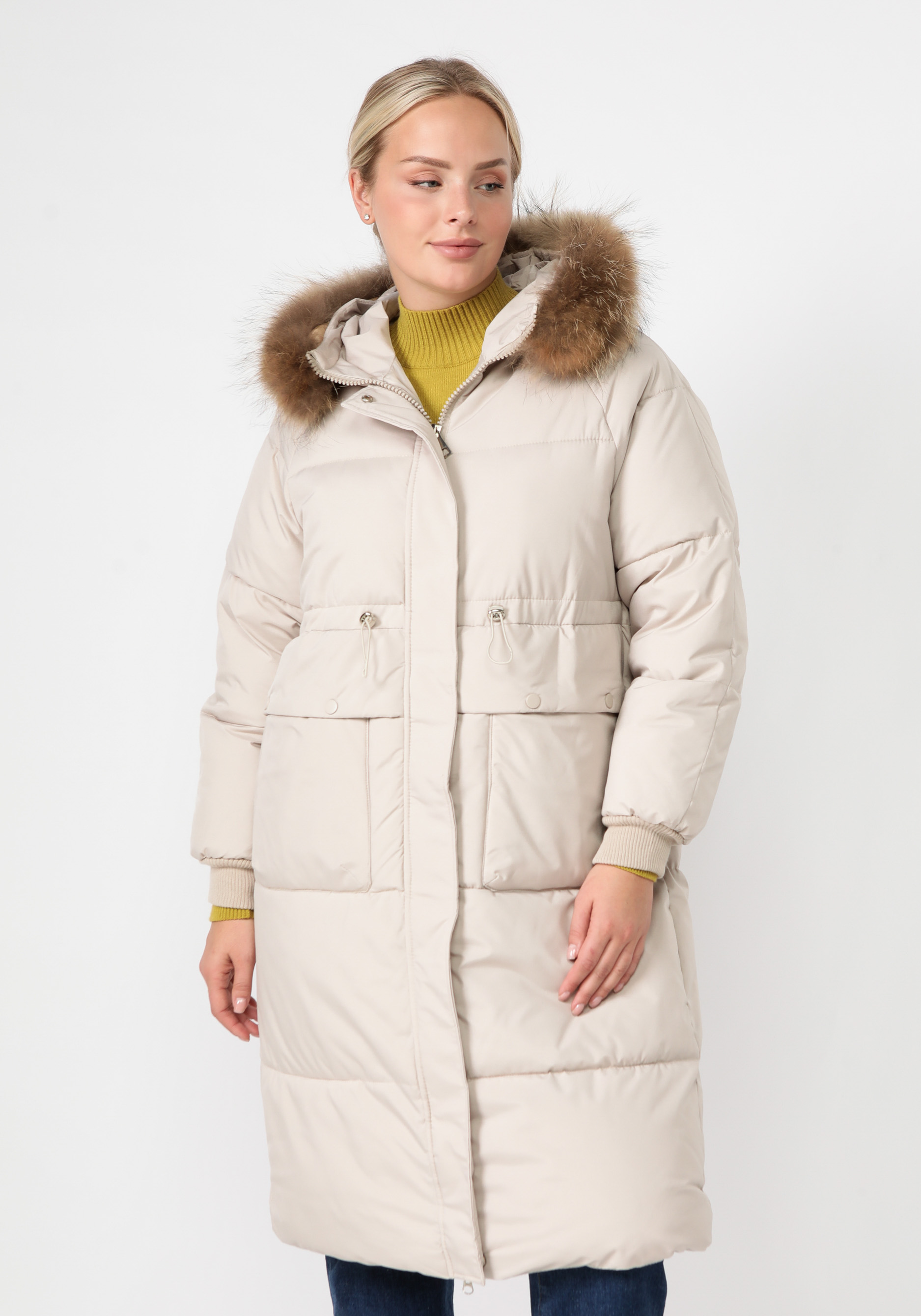 Пальто с меховой опушкой по капюшону пальто с окантовкой контрастной лентой