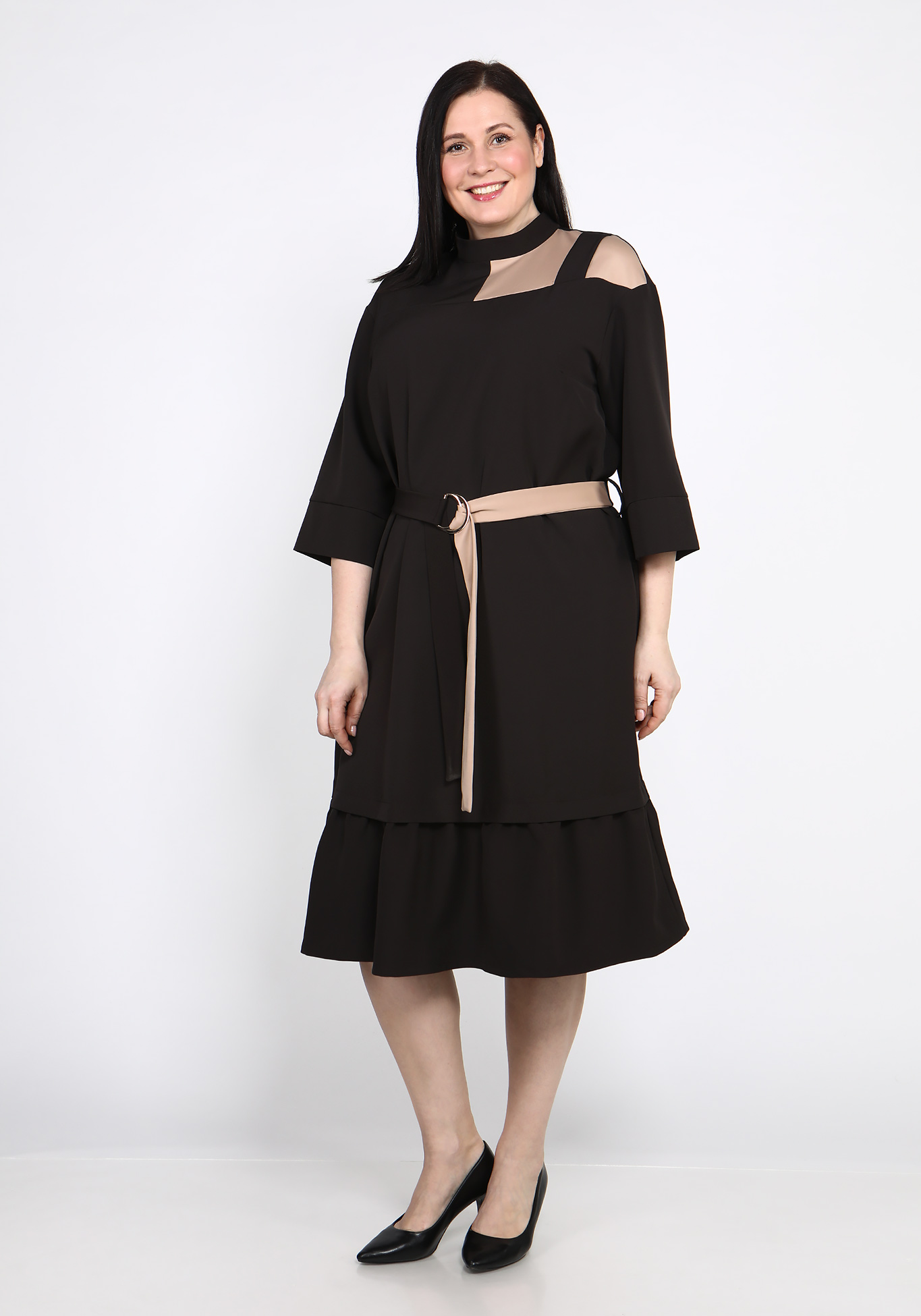 Платье свободного кроя с воланом GalaGrosso, размер 50, цвет темно-коричневый - фото 2