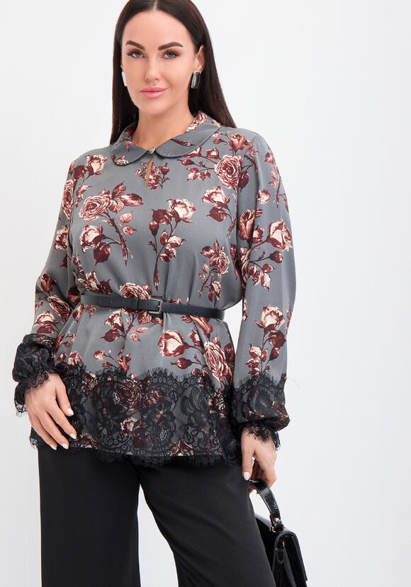 Блуза с кружевом и цветочным принтом шир.  580, рис. 1