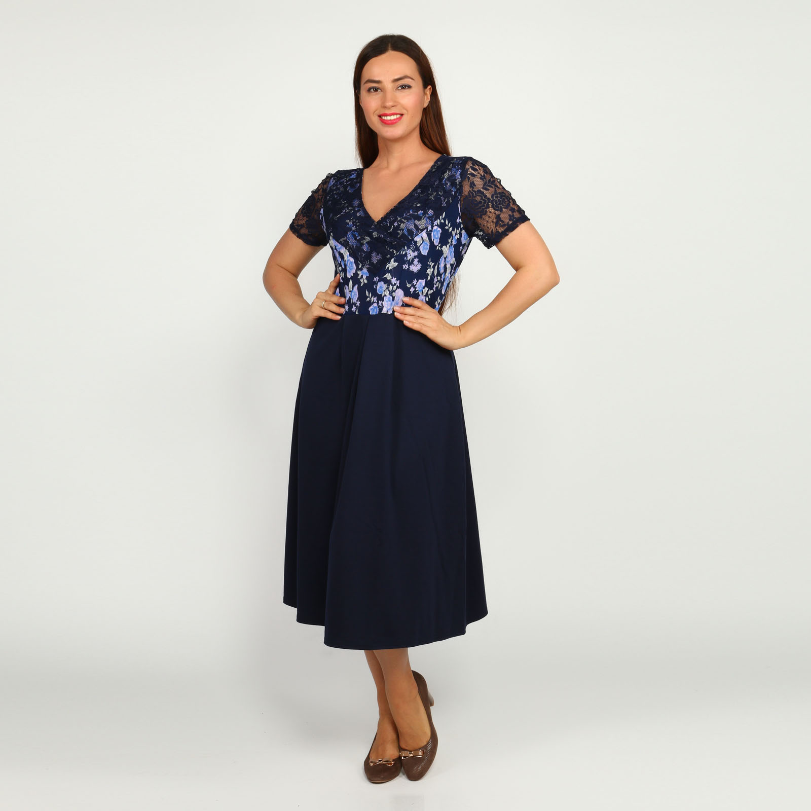 Платье с гипюровыми вставками и принтом Bianka Modeno, размер 54, цвет синий - фото 1