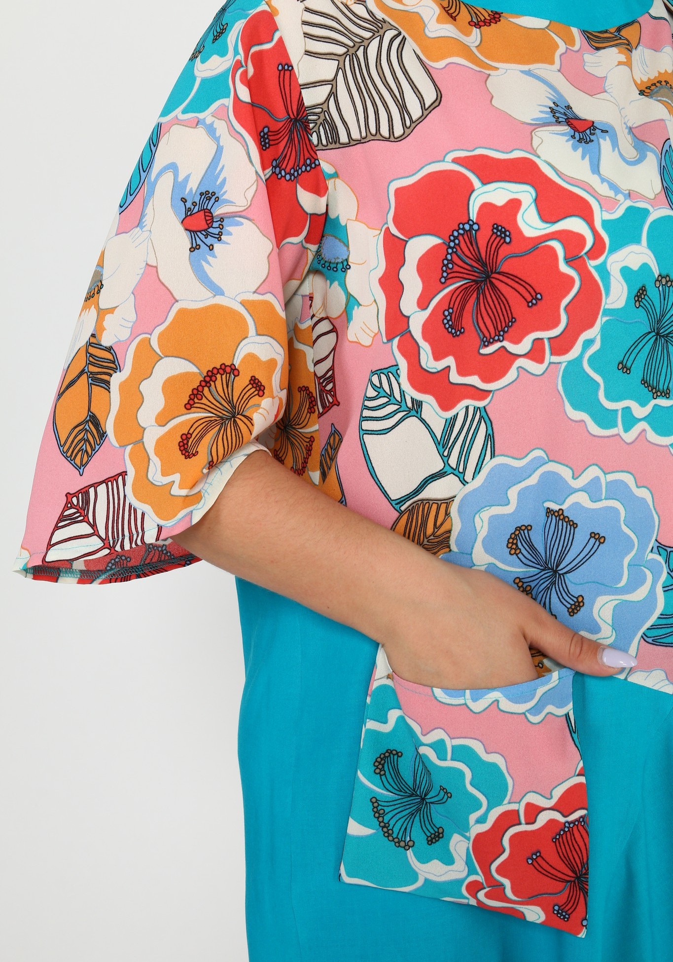 Туника расклешенного силуэта с карманом GalaGrosso, размер 50, цвет бирюзовый - фото 4