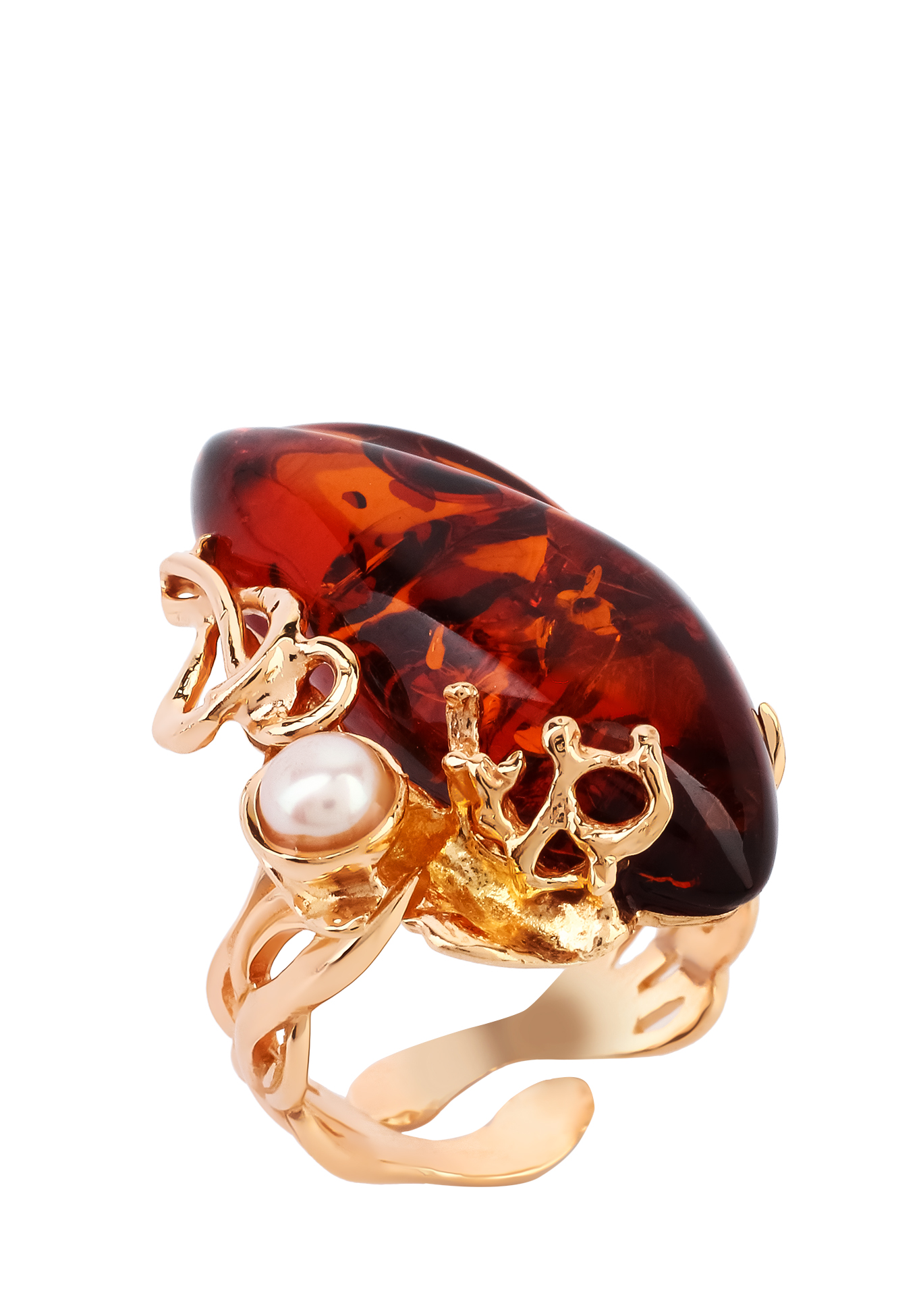 Кольцо серебряное "Чувственная грация" Янтарная волна, цвет красный перстень - фото 1