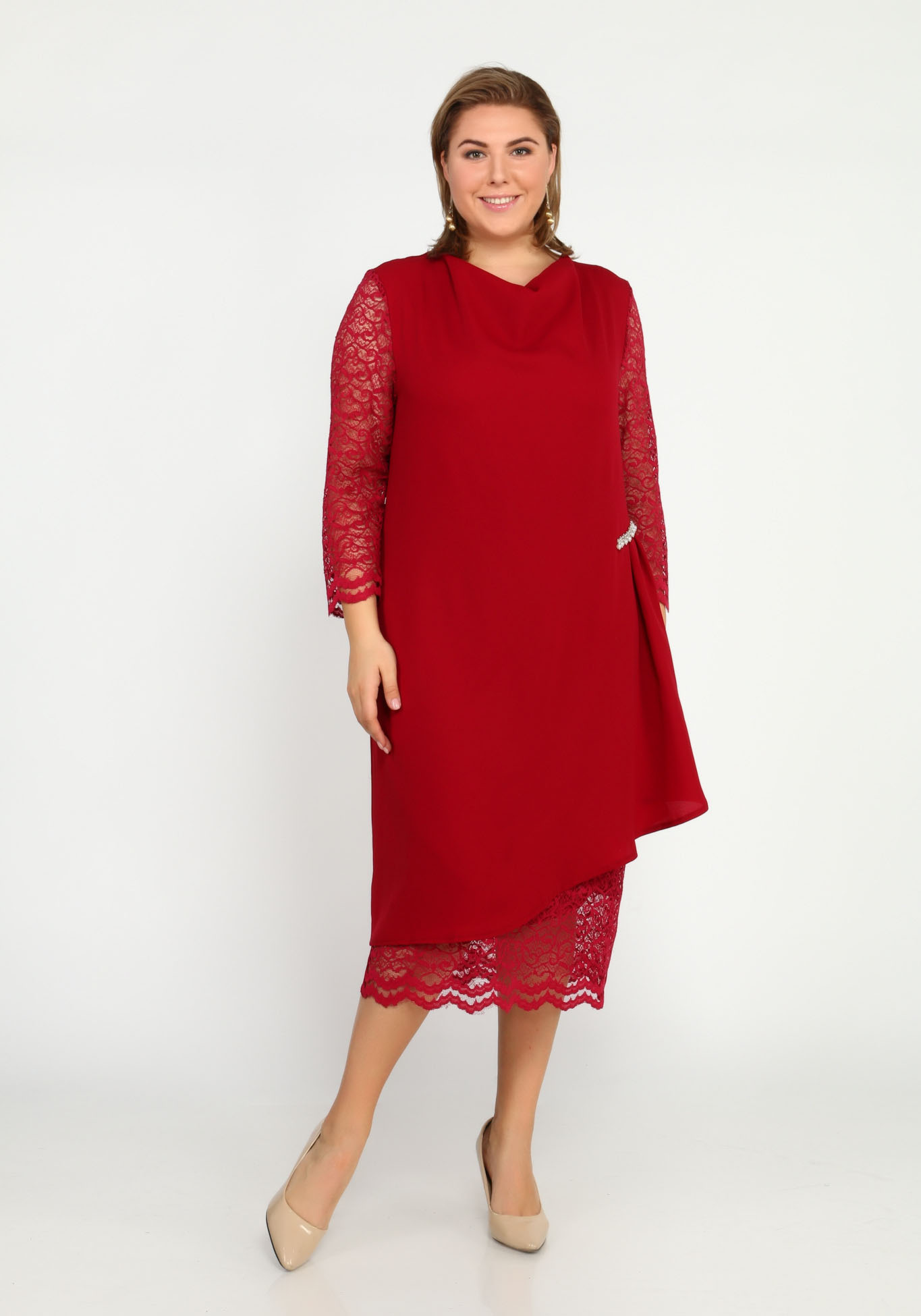 Платье приталенное с гипюром Bel Fiore, размер 48, цвет красный - фото 1