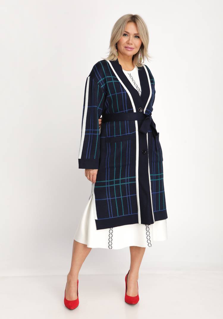 Кардиган в клетку с карманами и поясом шир.  750, рис. 9