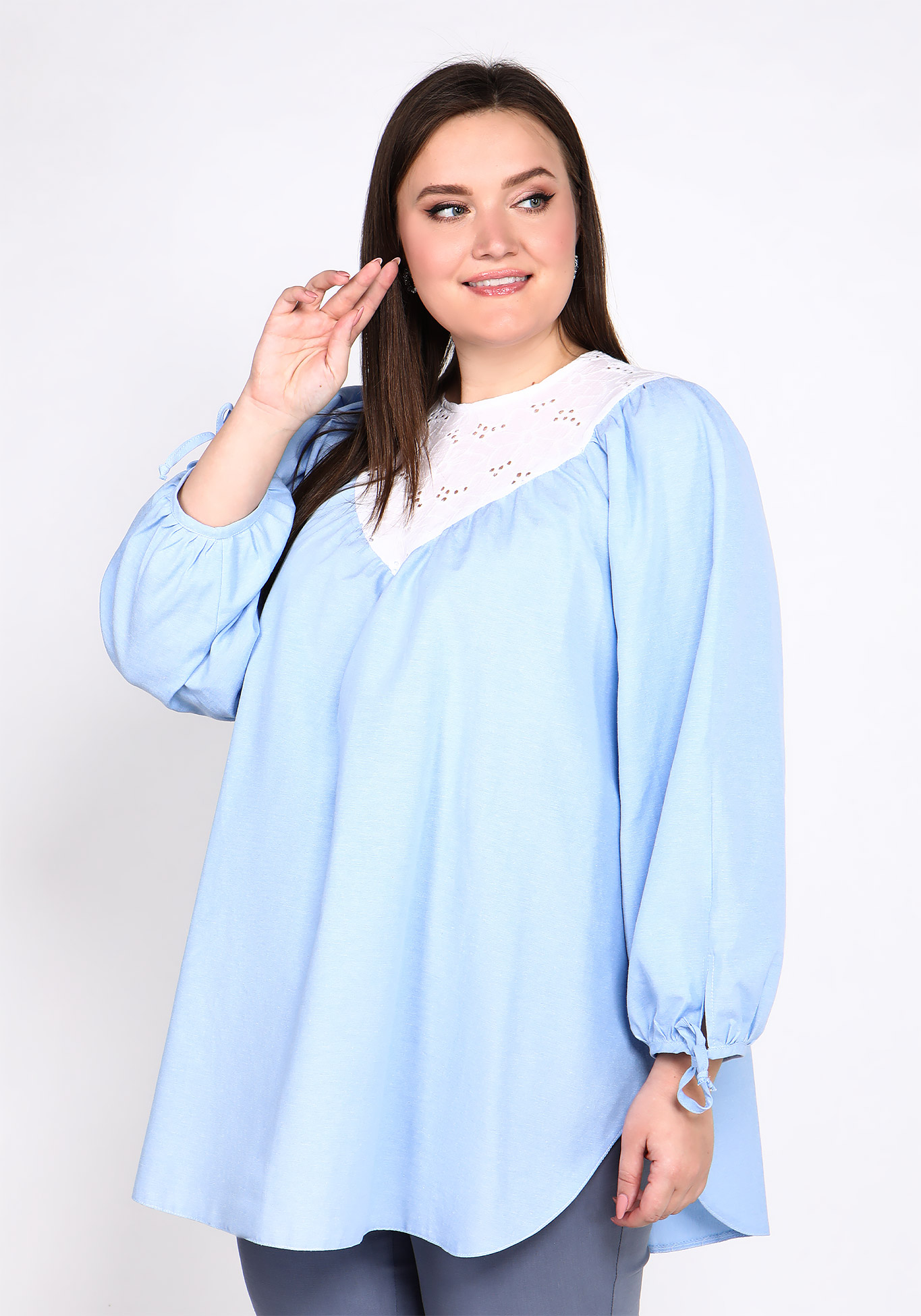 Блуза с вставкой из шитья Bianka Modeno, размер 50, цвет бирюзовый - фото 9