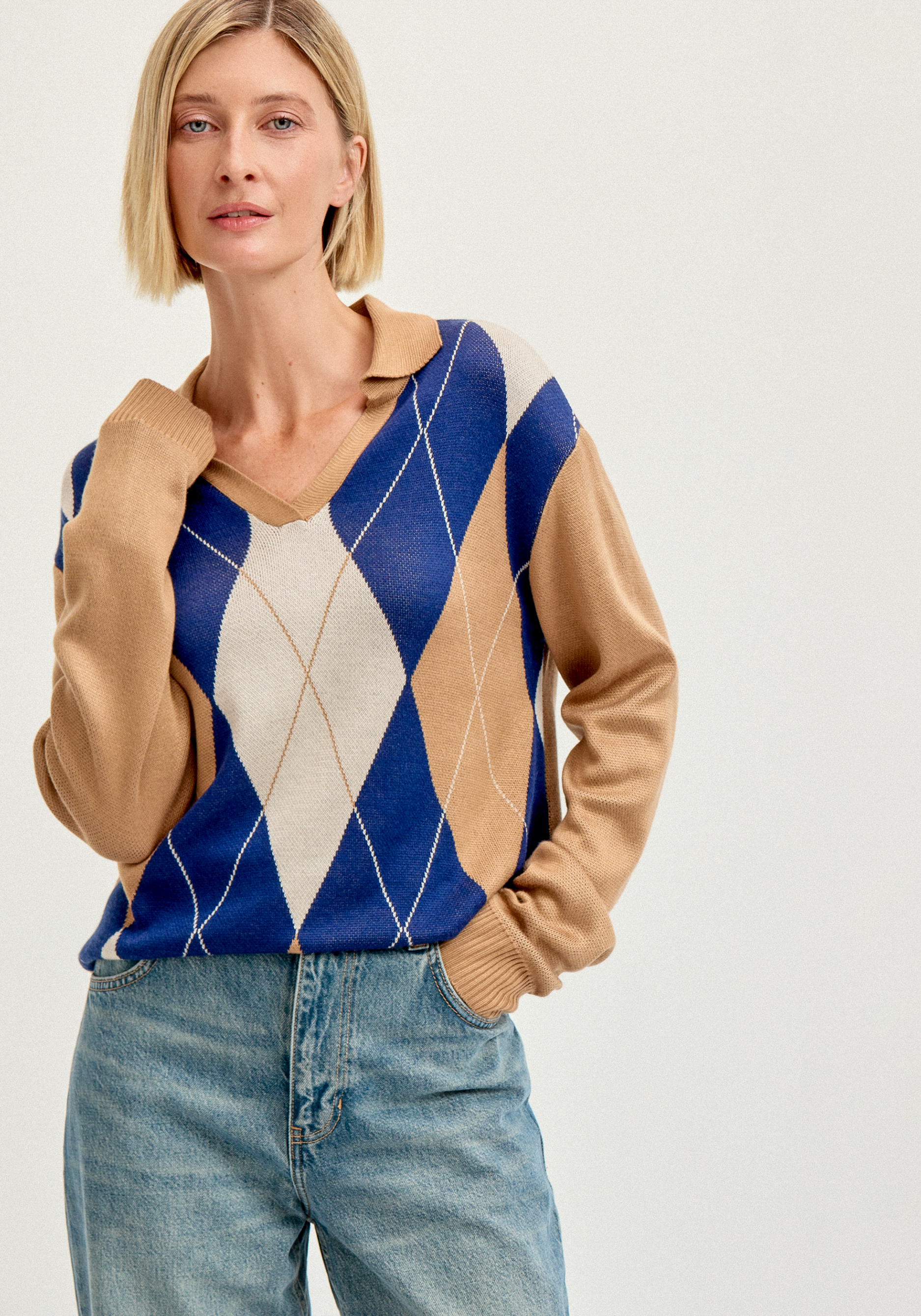 

Джемпер с воротом-поло и ромбовидным узором, Бежевый