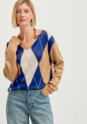 Джемпер с воротом-поло и ромбовидным узором