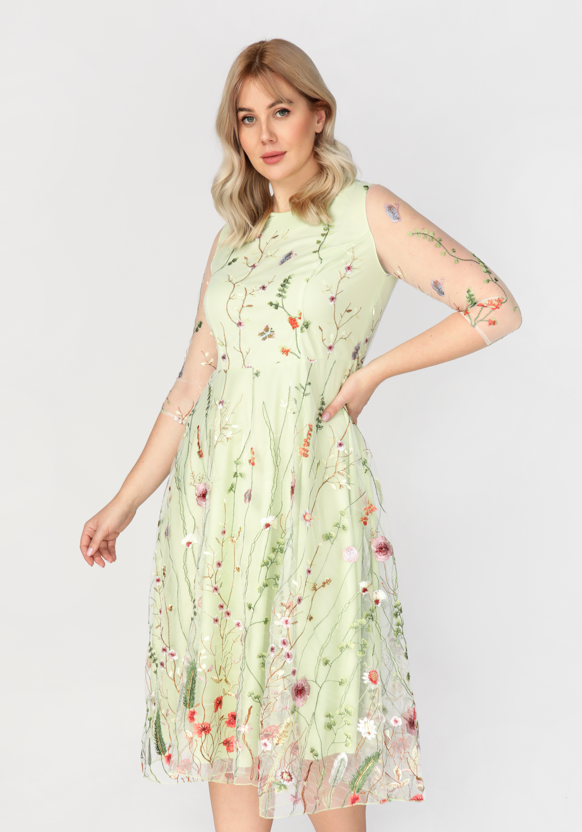 

Платье с цветочной вышивкой, Зеленый