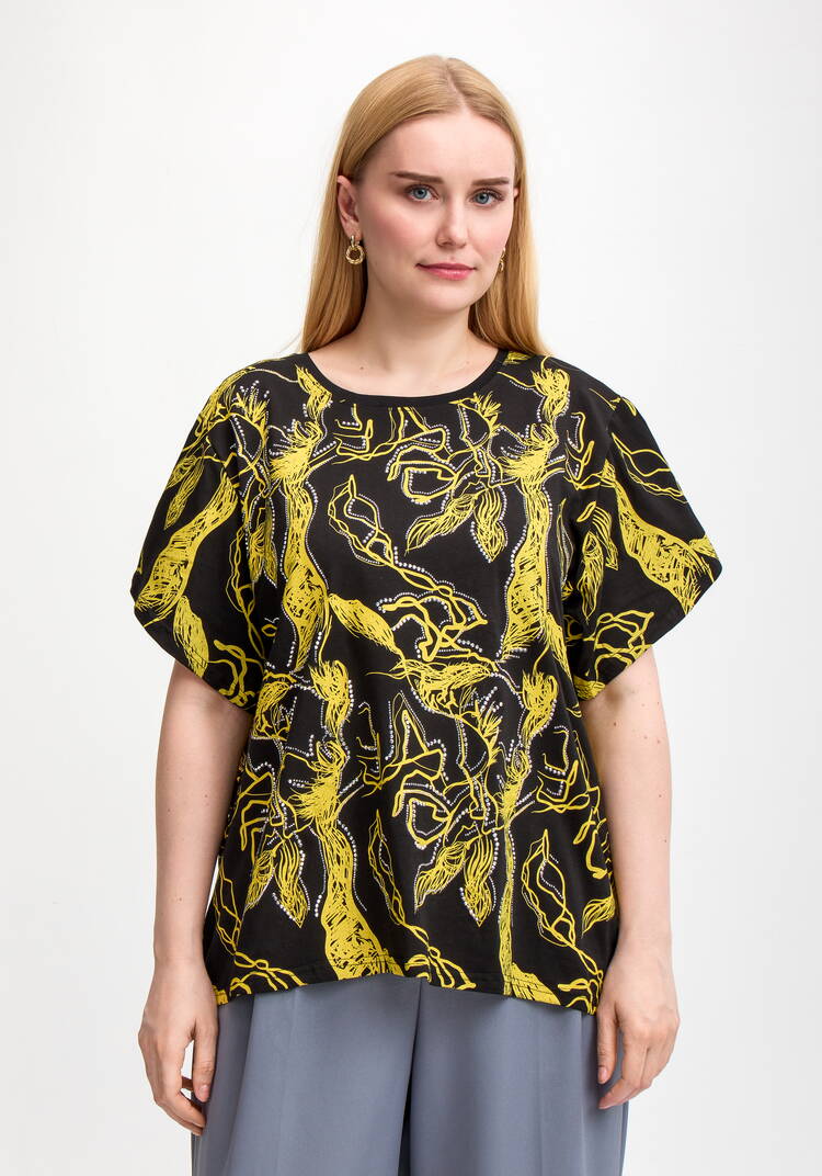 Блуза с оригинальным принтом и стразами шир.  750, рис. 26