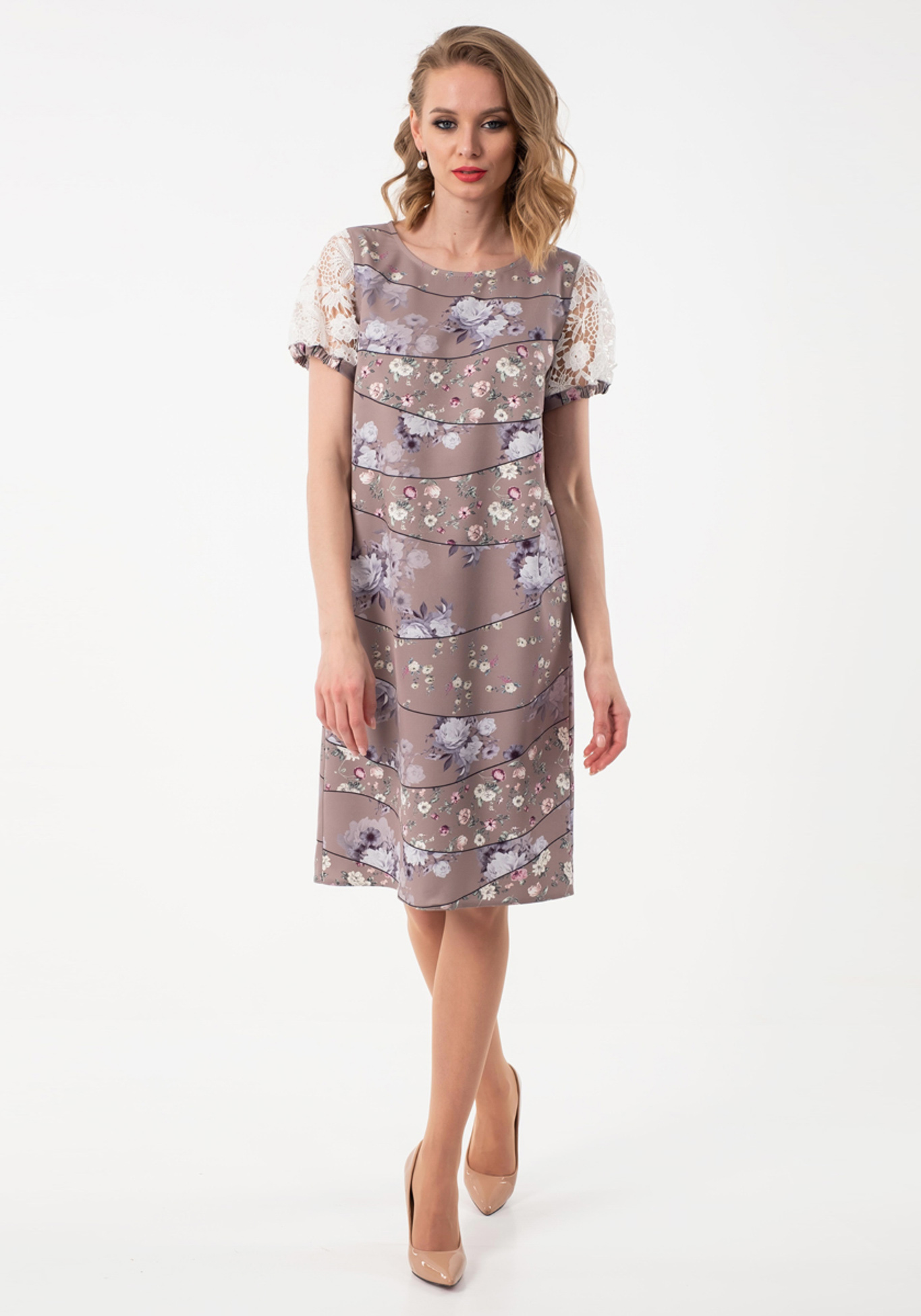 Платье с принтом и кружевными рукавами Wisell, размер 48, цвет бежевый - фото 9