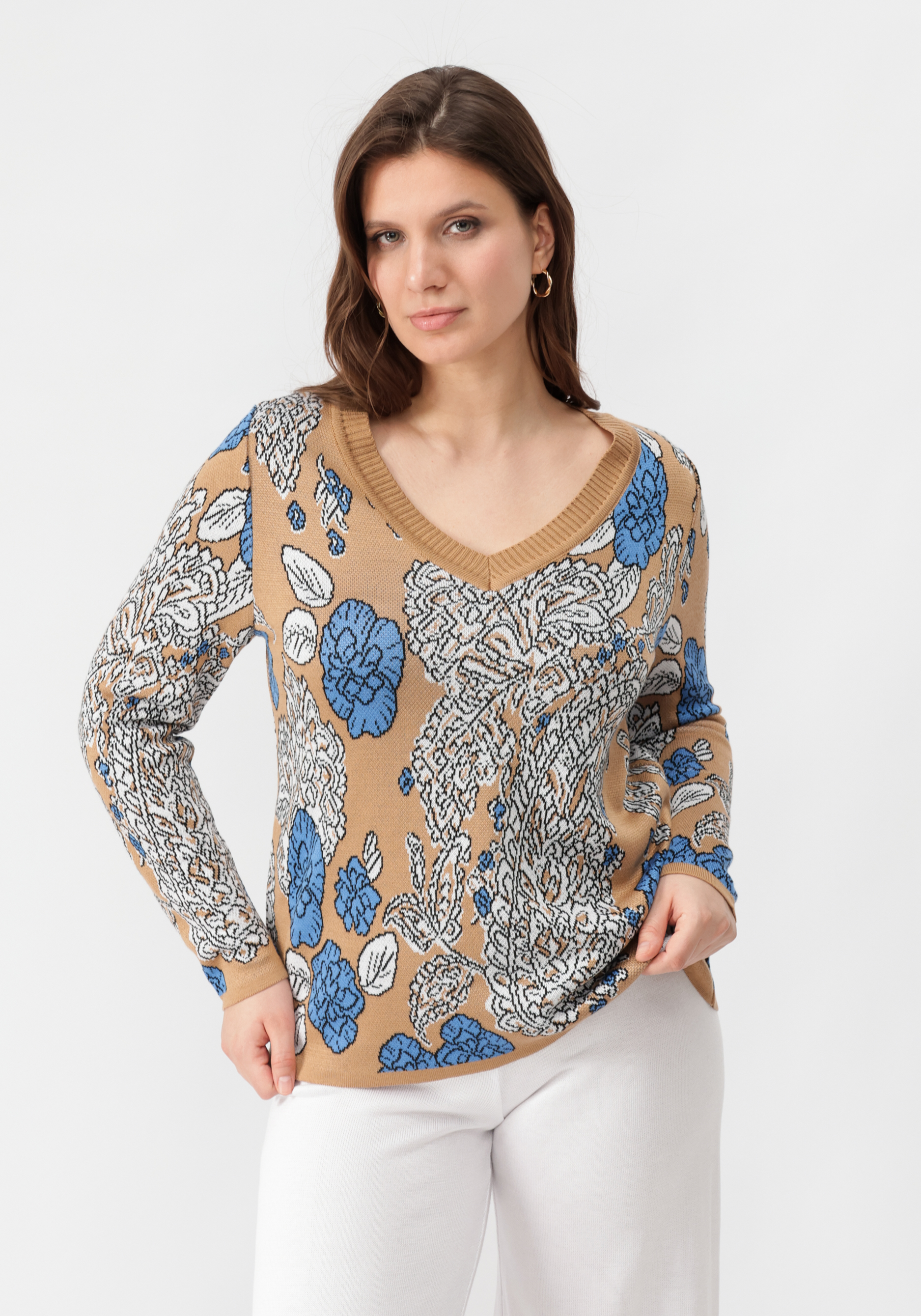 Пуловер с V-образным вырезом, цветным принтом Vivawool, размер 48