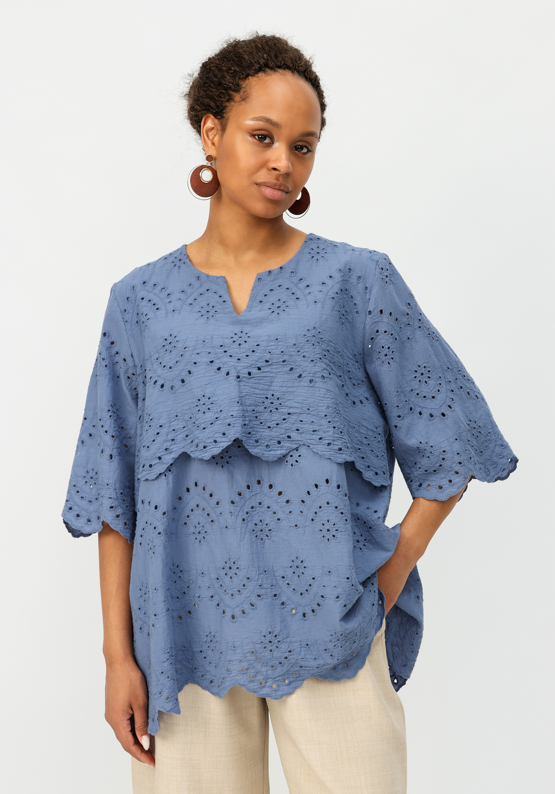 Блуза свободного кроя из шитья Frida, размер 54, цвет синий