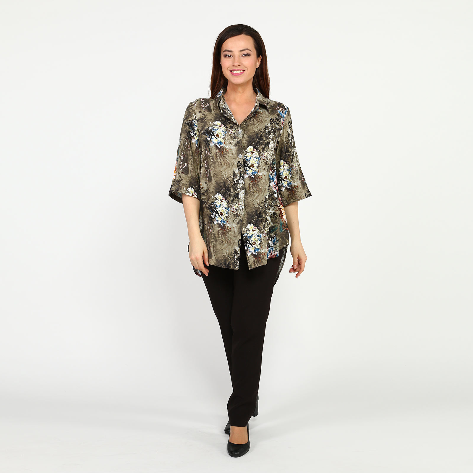 Блуза с принтом на пуговицах Bianka Modeno, размер 50, цвет сиреневый - фото 1