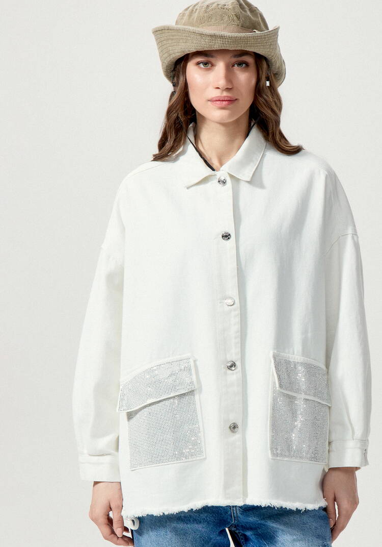 Джинсовая куртка со стразами на карманах шир.  750, рис. 35