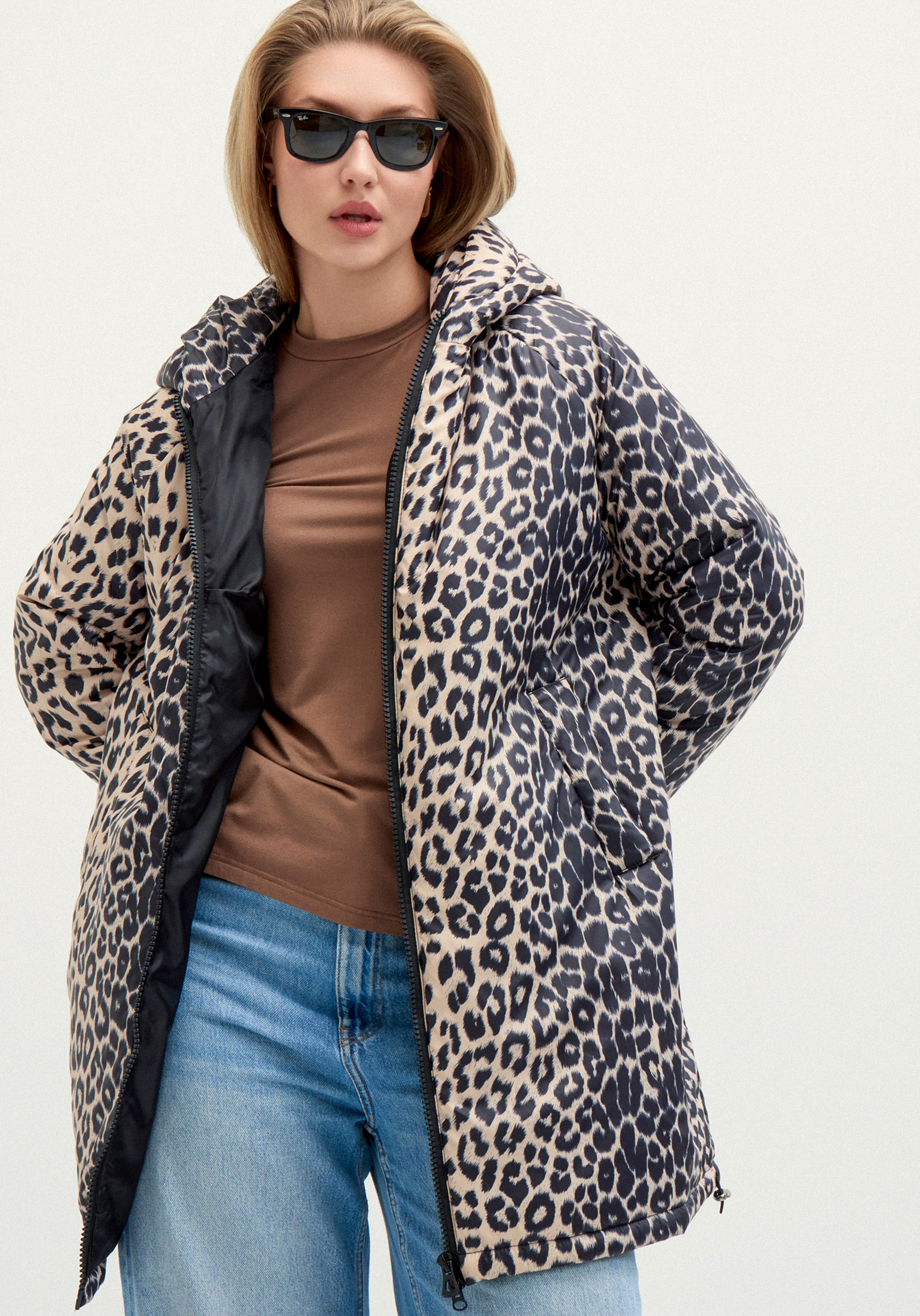 

Куртка с анималистическим принтом и капюшоном, Коричневый