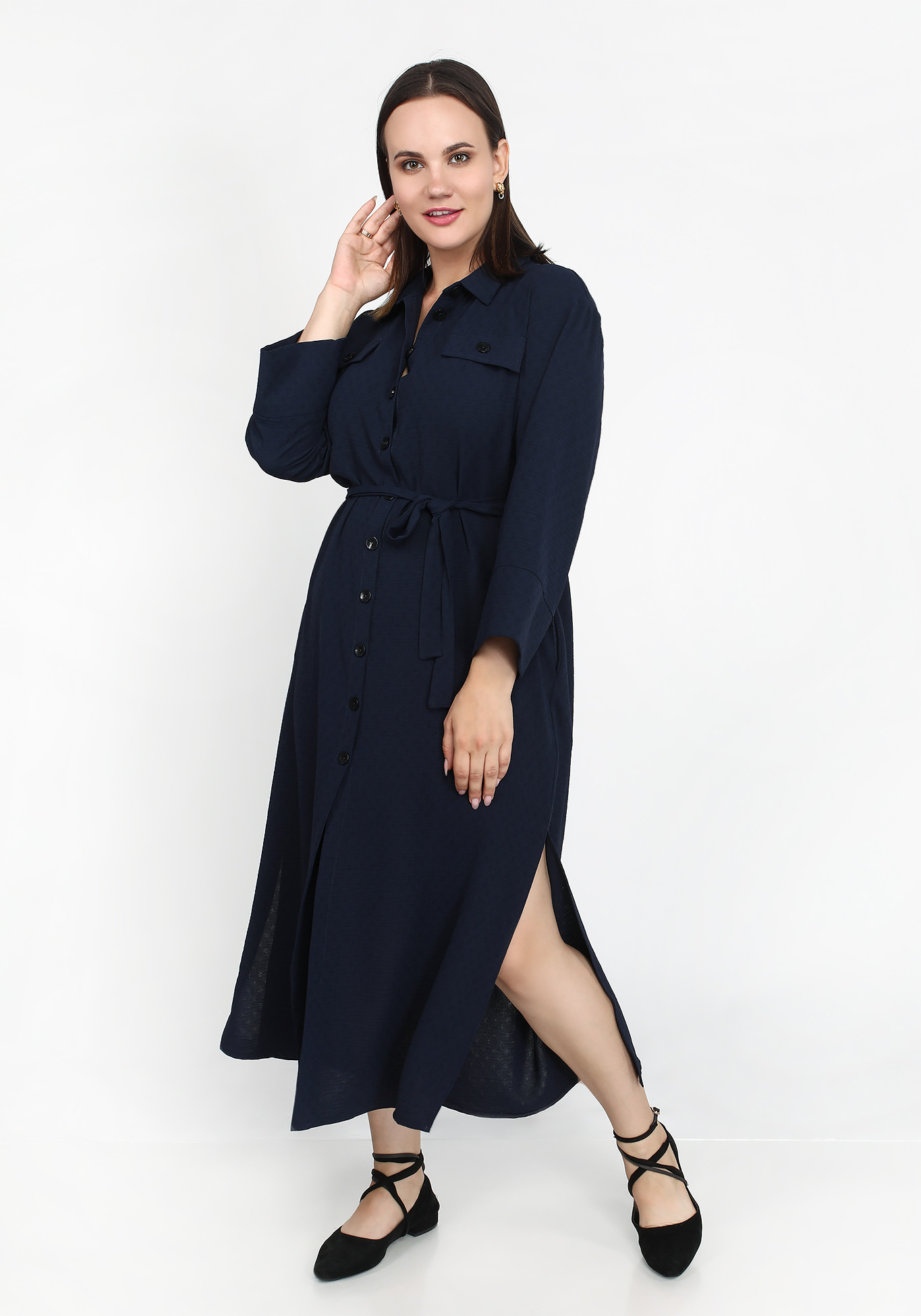 

Платье с планкой на пуговицах и ремнем, Синий