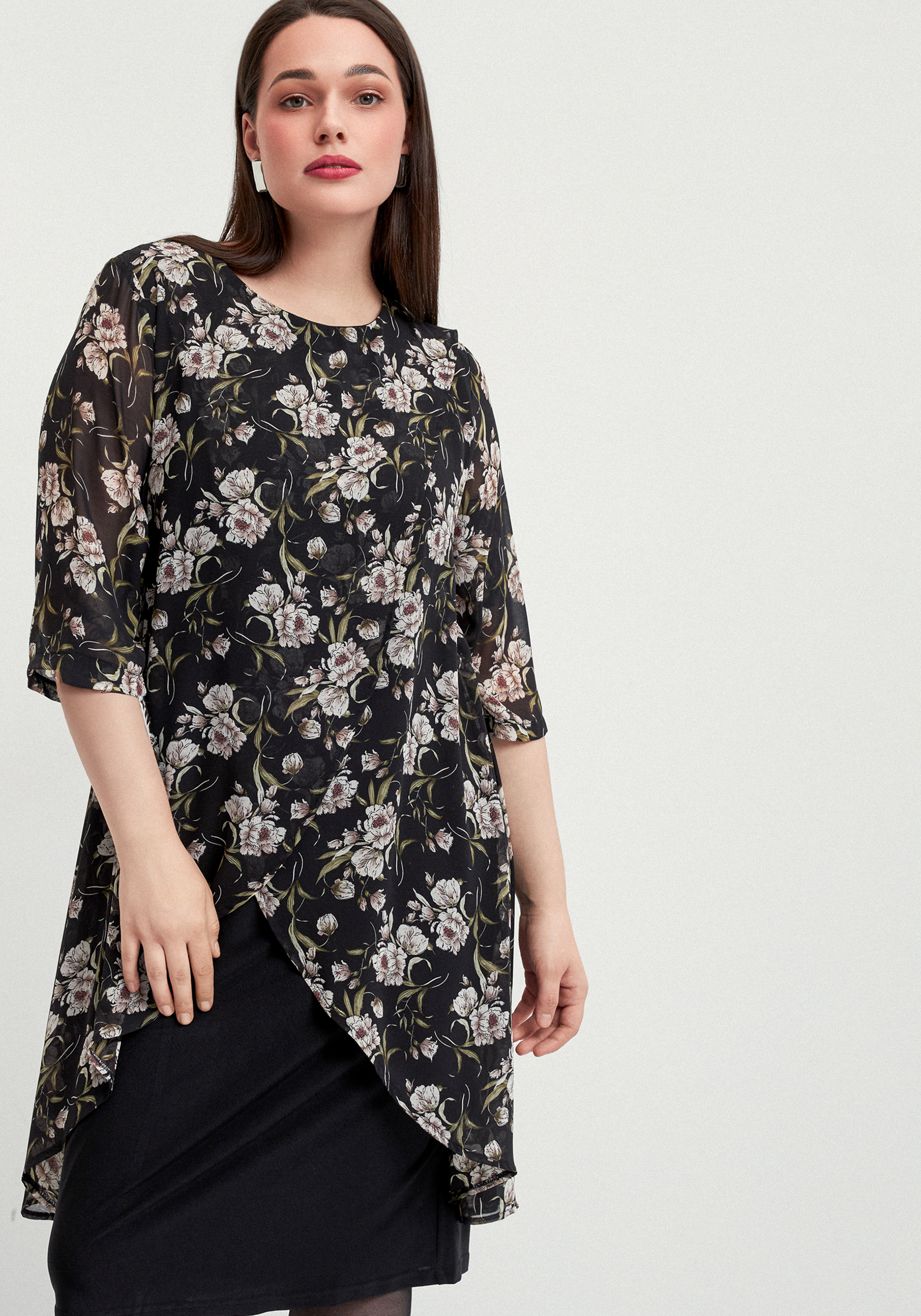 

Платье в цветочный принт с шифоном, Черный