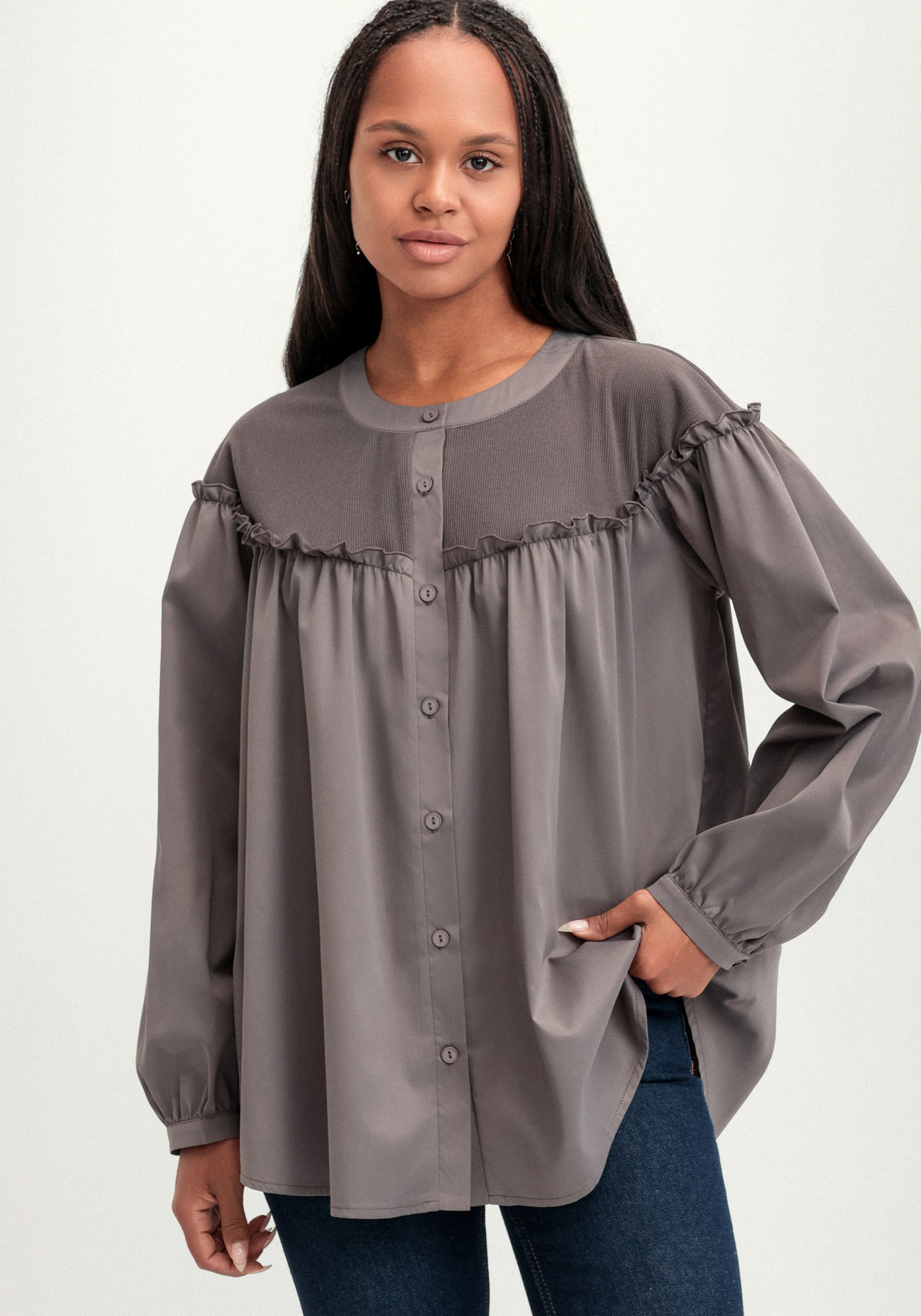 

Блуза комбинированная с трикотажем, Коричневый