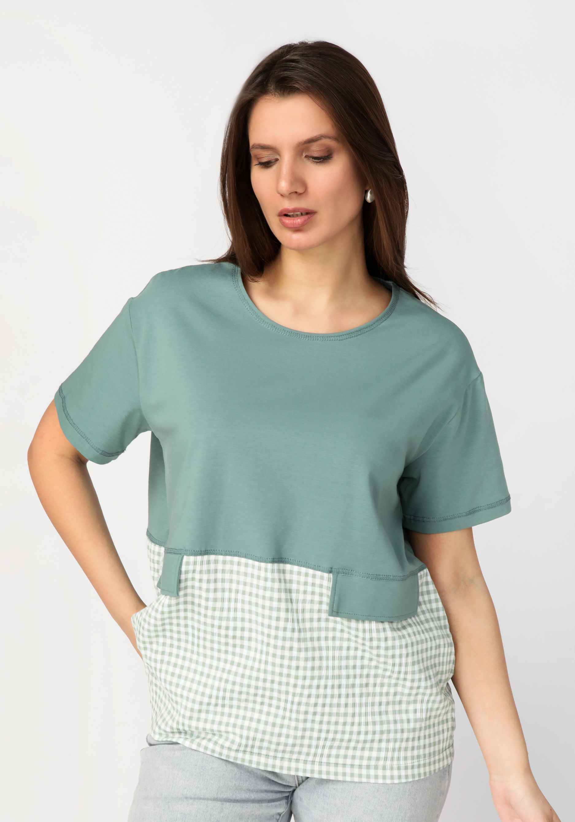 Блуза комбинированная из разных тканей кпб зима лето женева зеленый р 2 0 сп евро