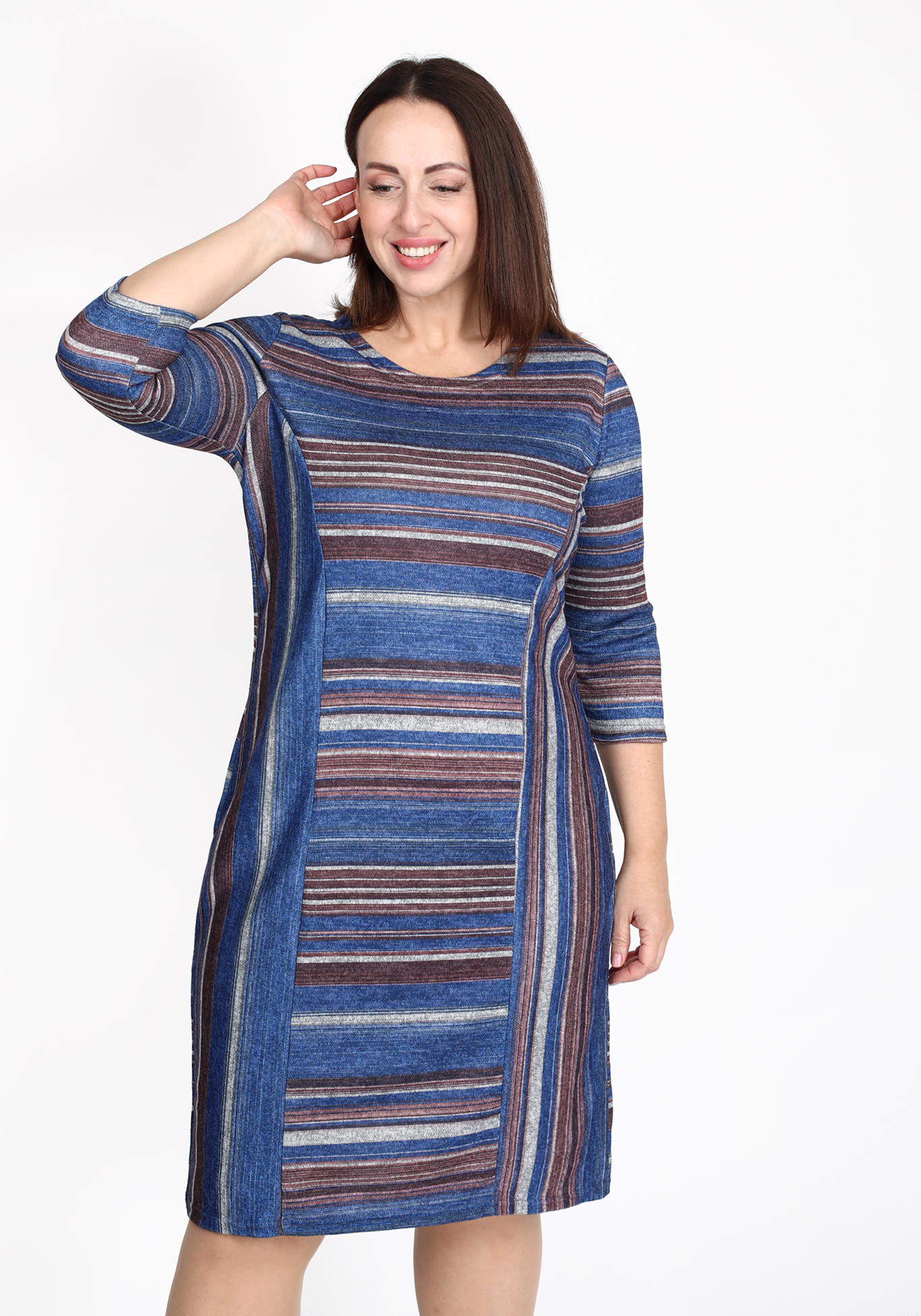 Платье прямое с принтом в полоску, размер 54, цвет сине-серый приталенная - фото 9