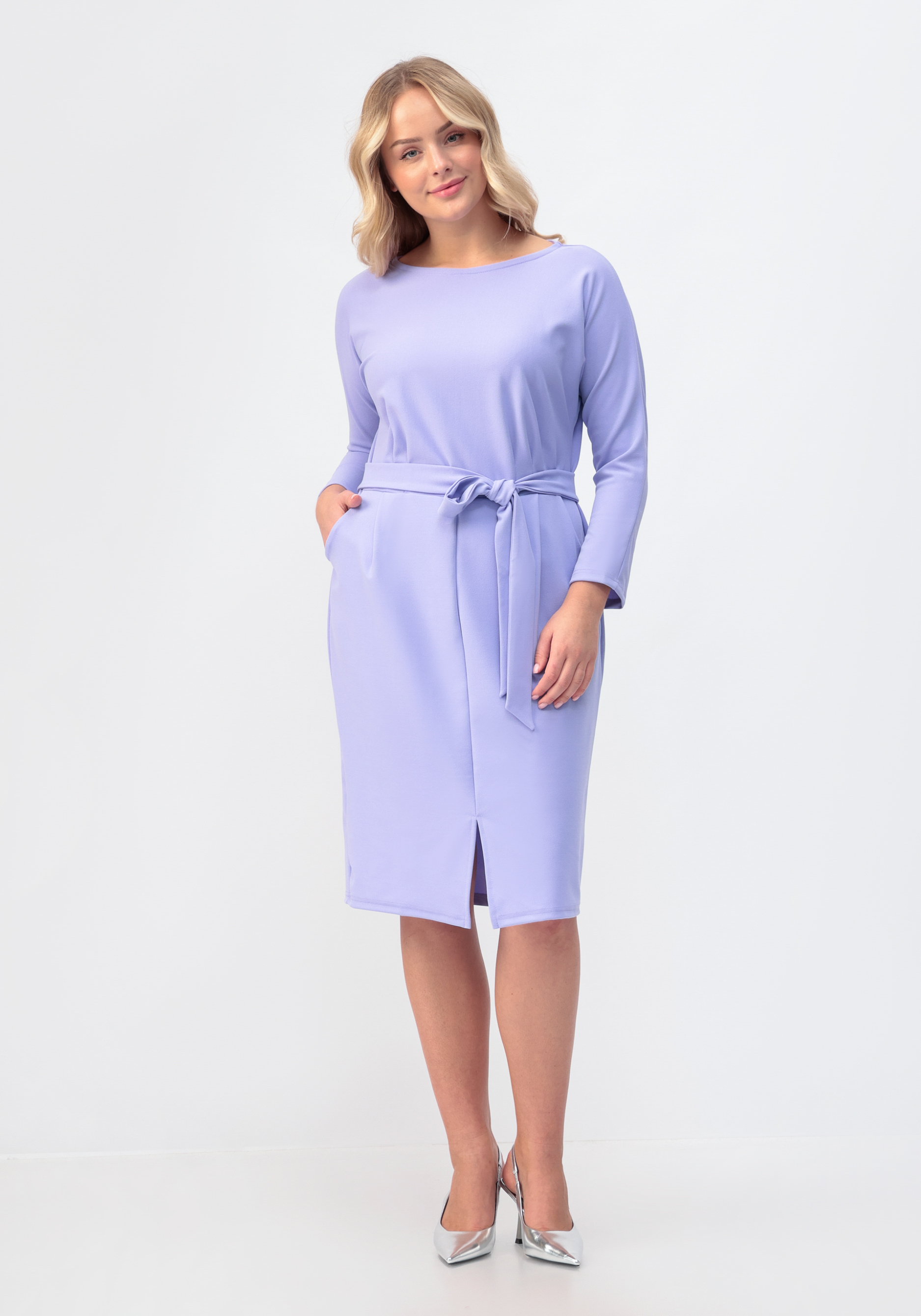 Платье с поясом и разрезом спереди СКС, размер 48, цвет фиолетовый