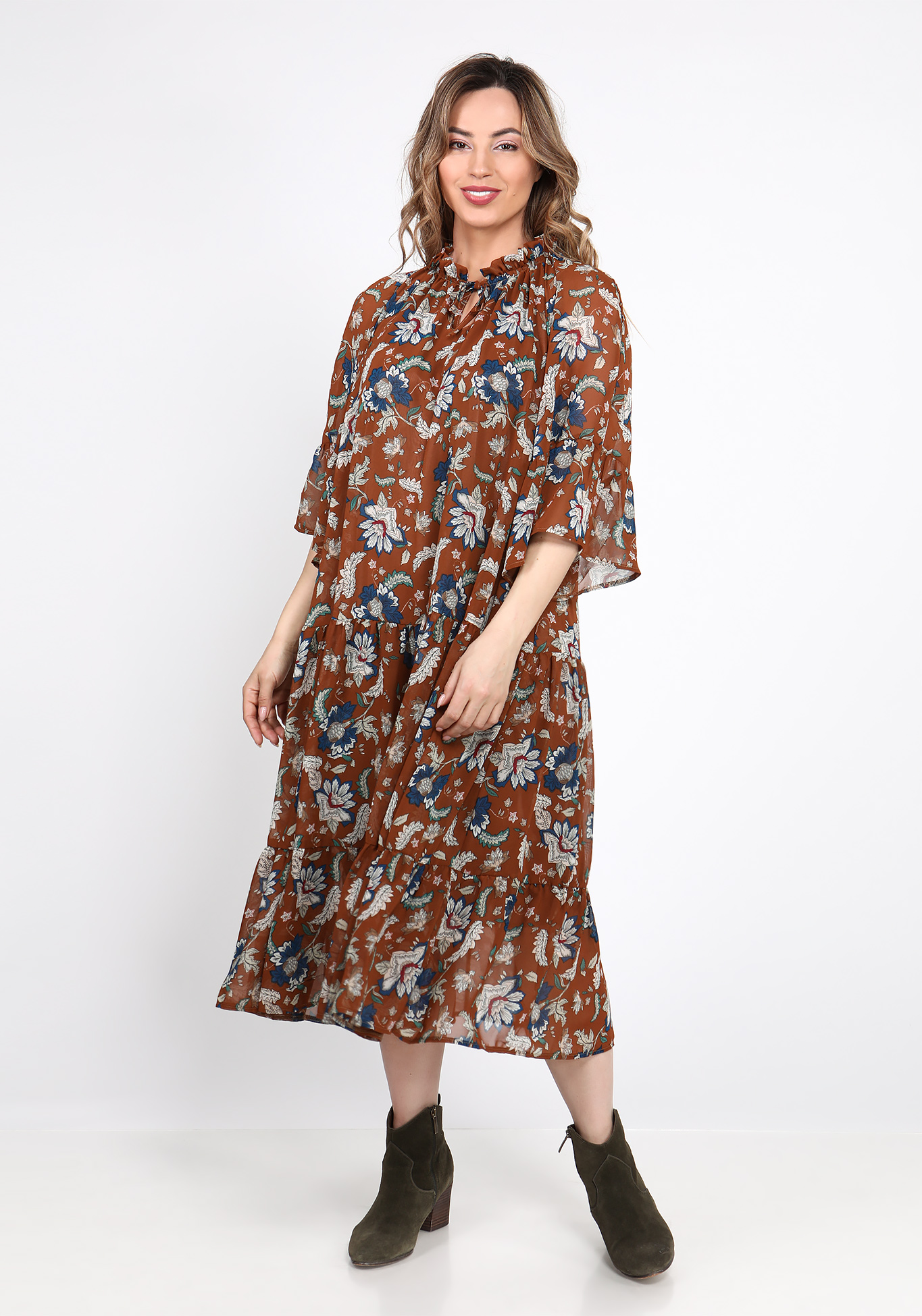 

Платье миди с крупным принтом, Коричневый