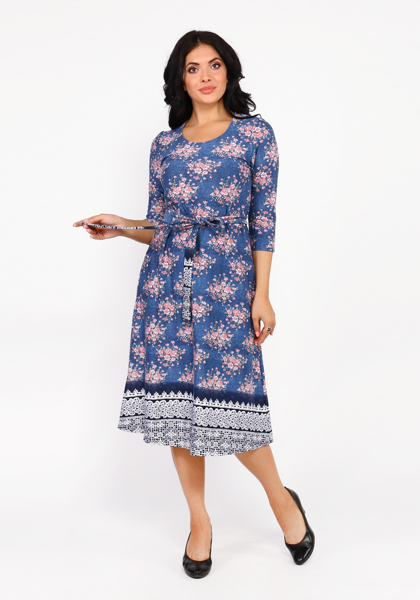 Платье-миди с рисунком и поясом Bianka Modeno, размер 50, цвет синий - фото 1