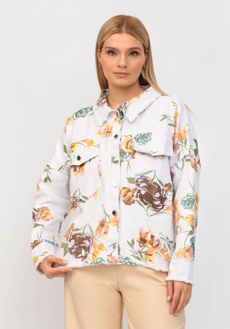 Джинсовая куртка с цветочным принтом шир.  750, рис. 1