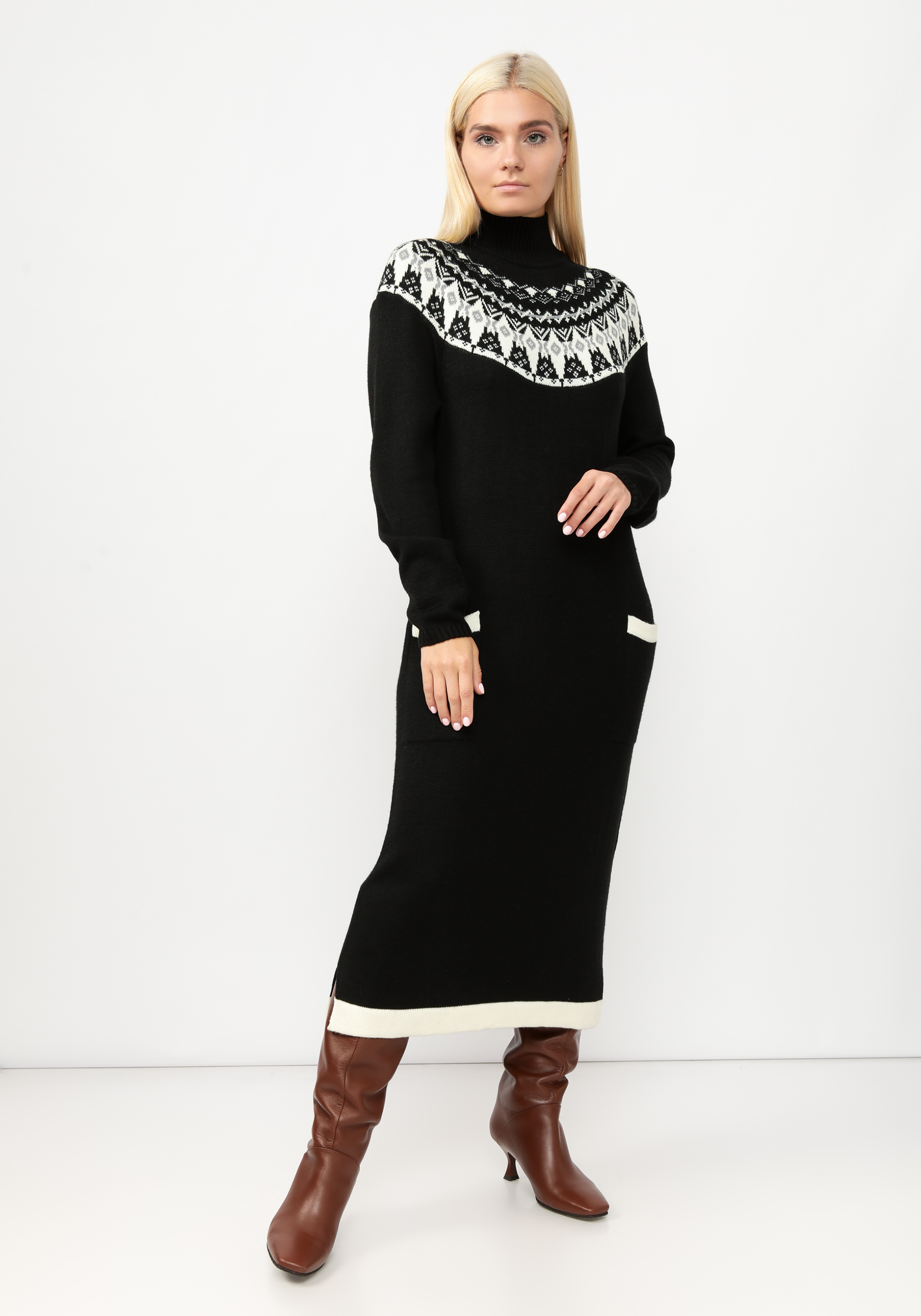 Платье вязаное со скандинавским рисунком джемпер с капюшоном и скандинавским рисунком