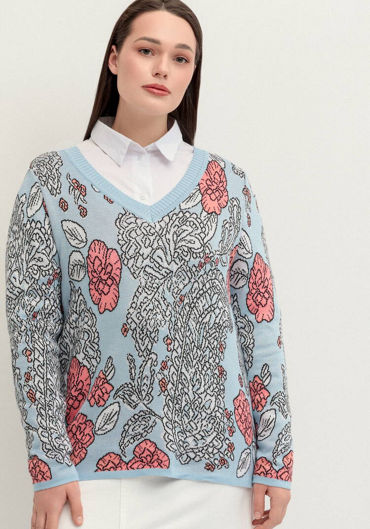 Пуловер с V-образным вырезом и ярким принтом шир.  750, рис. 4