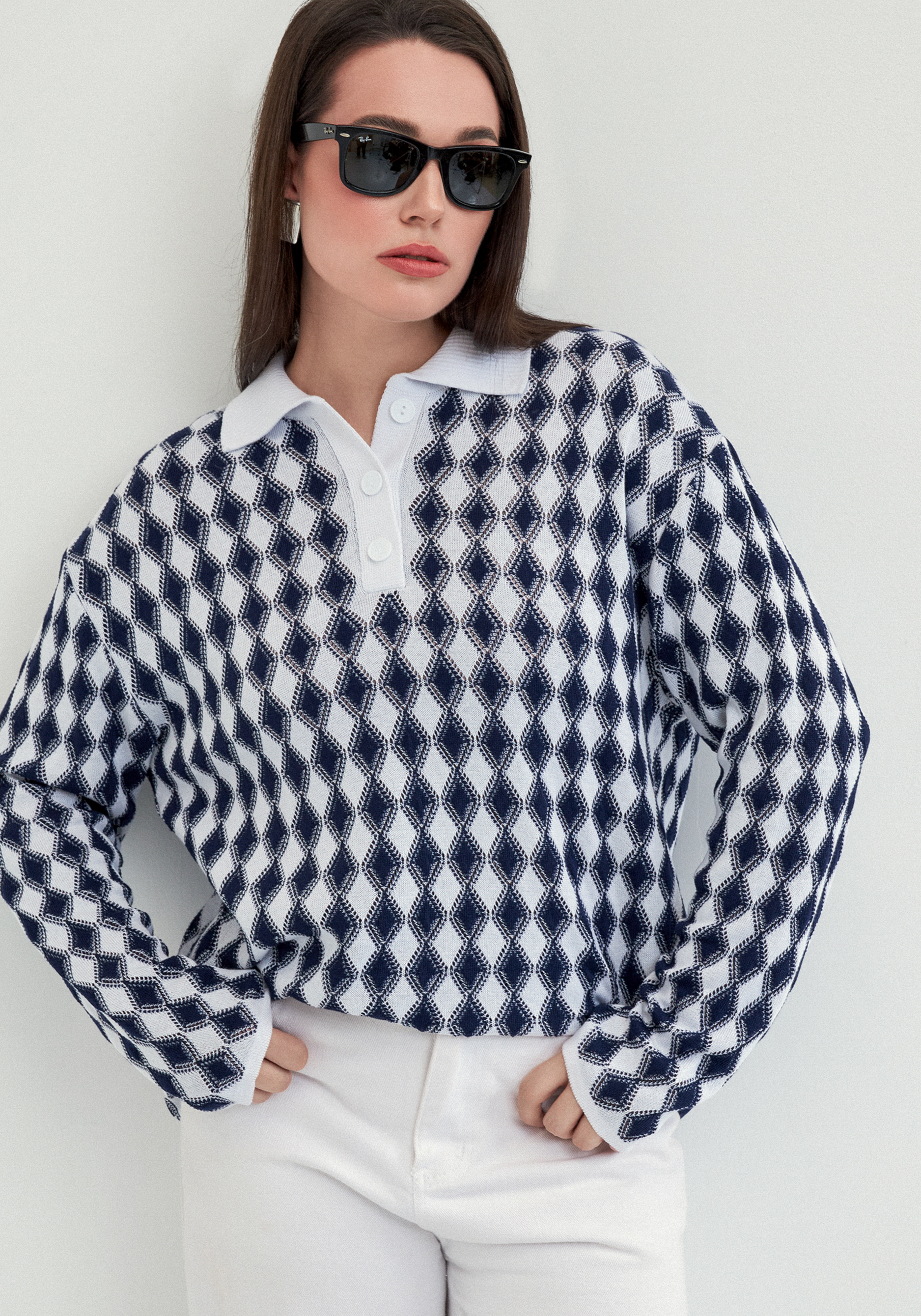 

Джемпер структурной вязки с ажуром, Синий