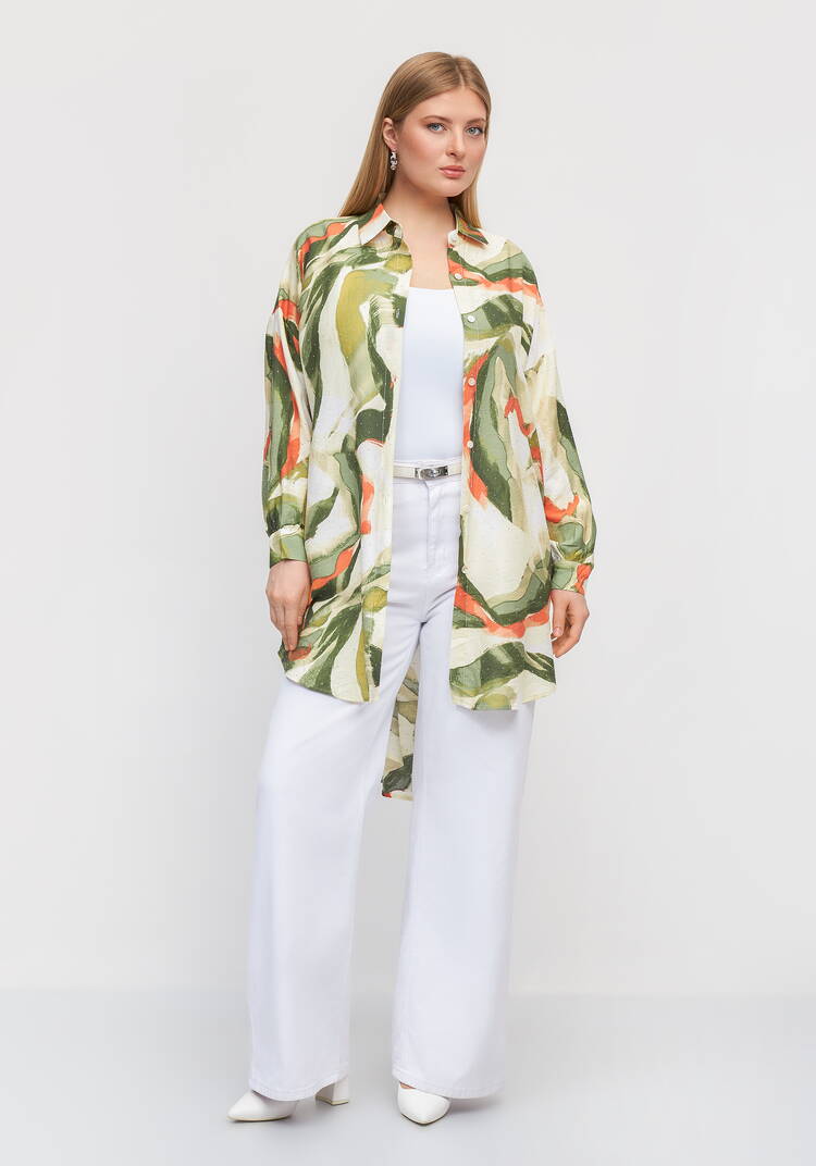 Туника на пуговицах с принтом и стразами шир.  750, рис. 2