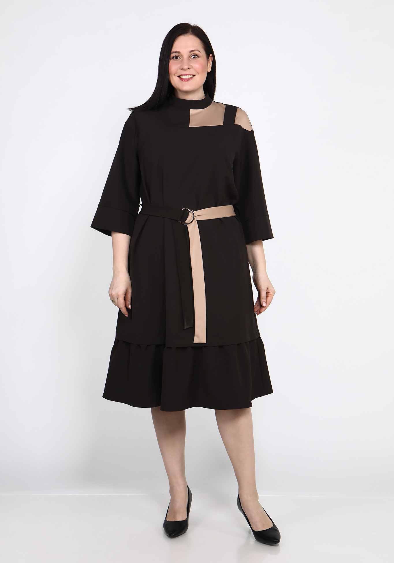Платье свободного кроя с воланом GalaGrosso, размер 50, цвет темно-коричневый - фото 1