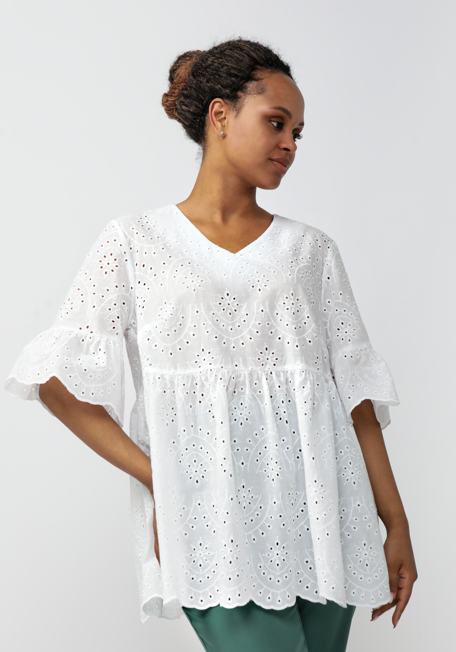 

Блуза из шитья с V-образным вырезом, Белый