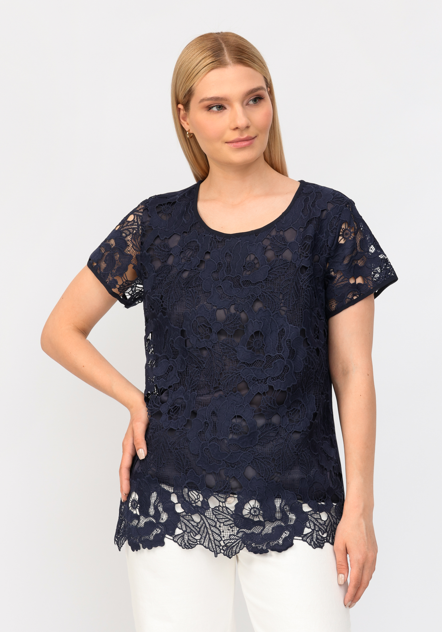 Блуза ажурная с коротким рукавом "Лиана" No name, размер 56, цвет синий