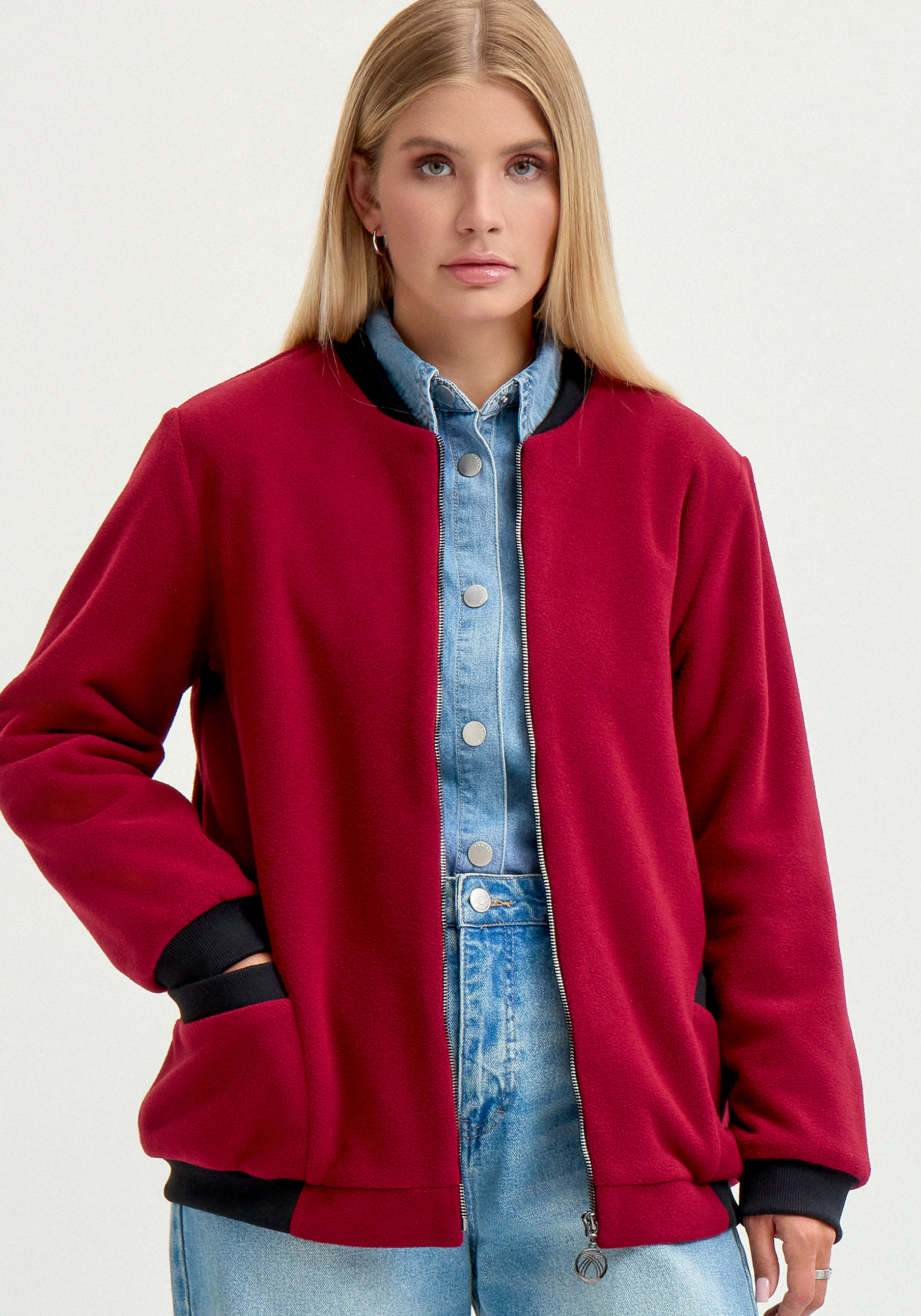 

Бомбер на молнии с рибаной, Бордовый