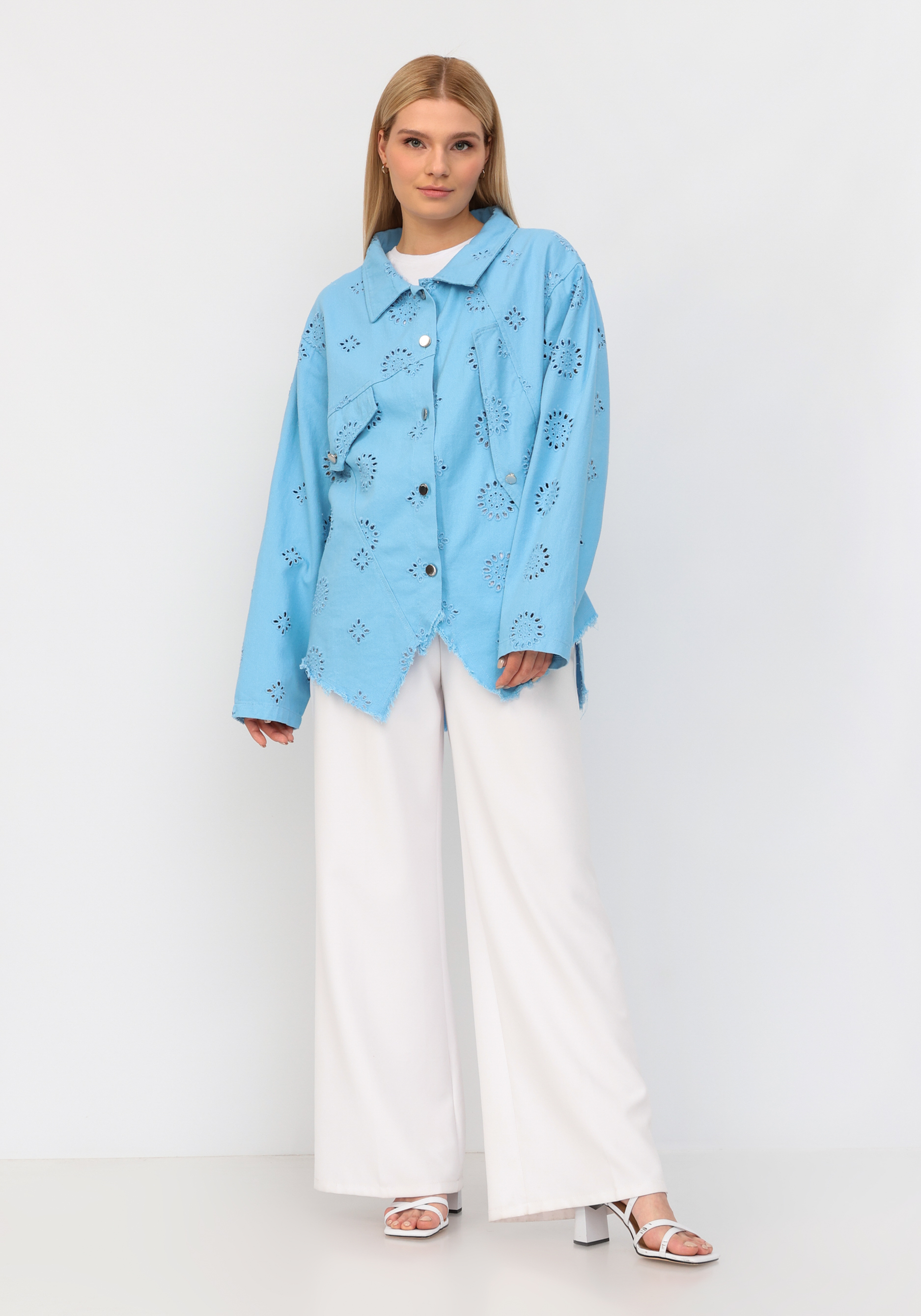 Джинсовая куртка с ришелье No name, размер 54-56, цвет голубой - фото 8