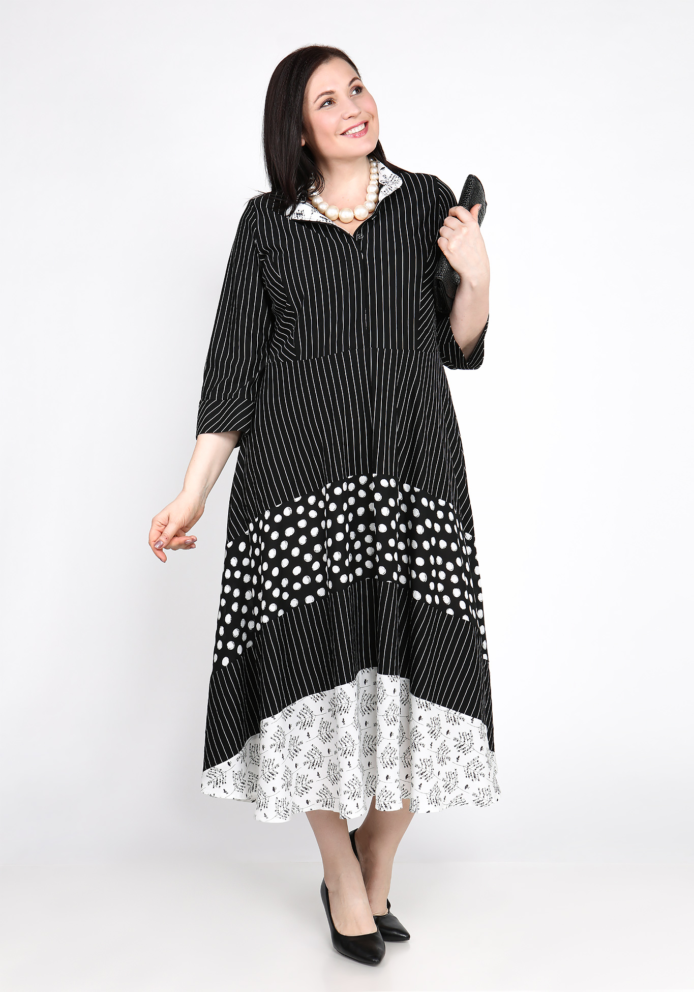 

Платье из трех видов принтованной ткани, Черный