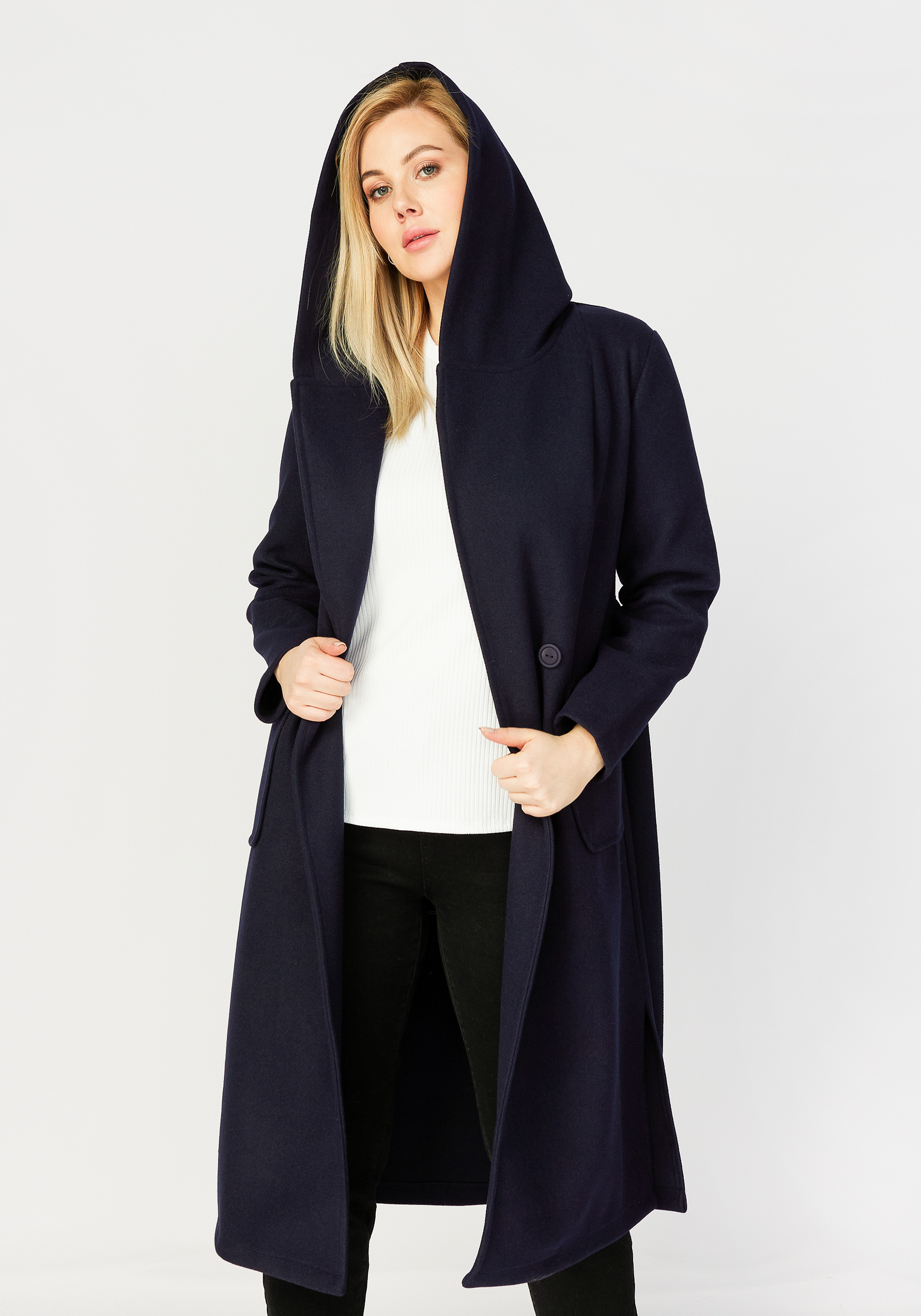 Пальто удлиненное с поясом и капюшоном Mio Imperatrice, размер 56, цвет синий - фото 1