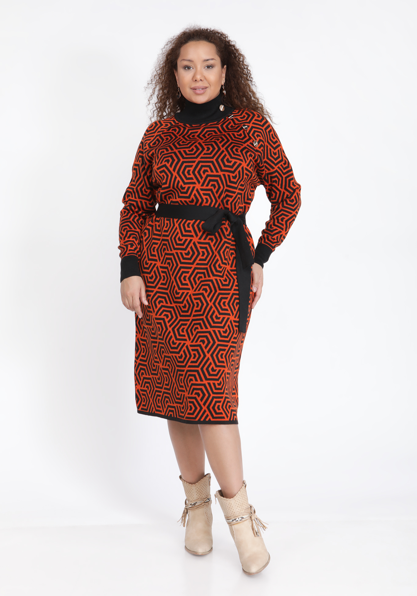 

Платье с абстрактным рисунком и пуговицами, Оранжевый