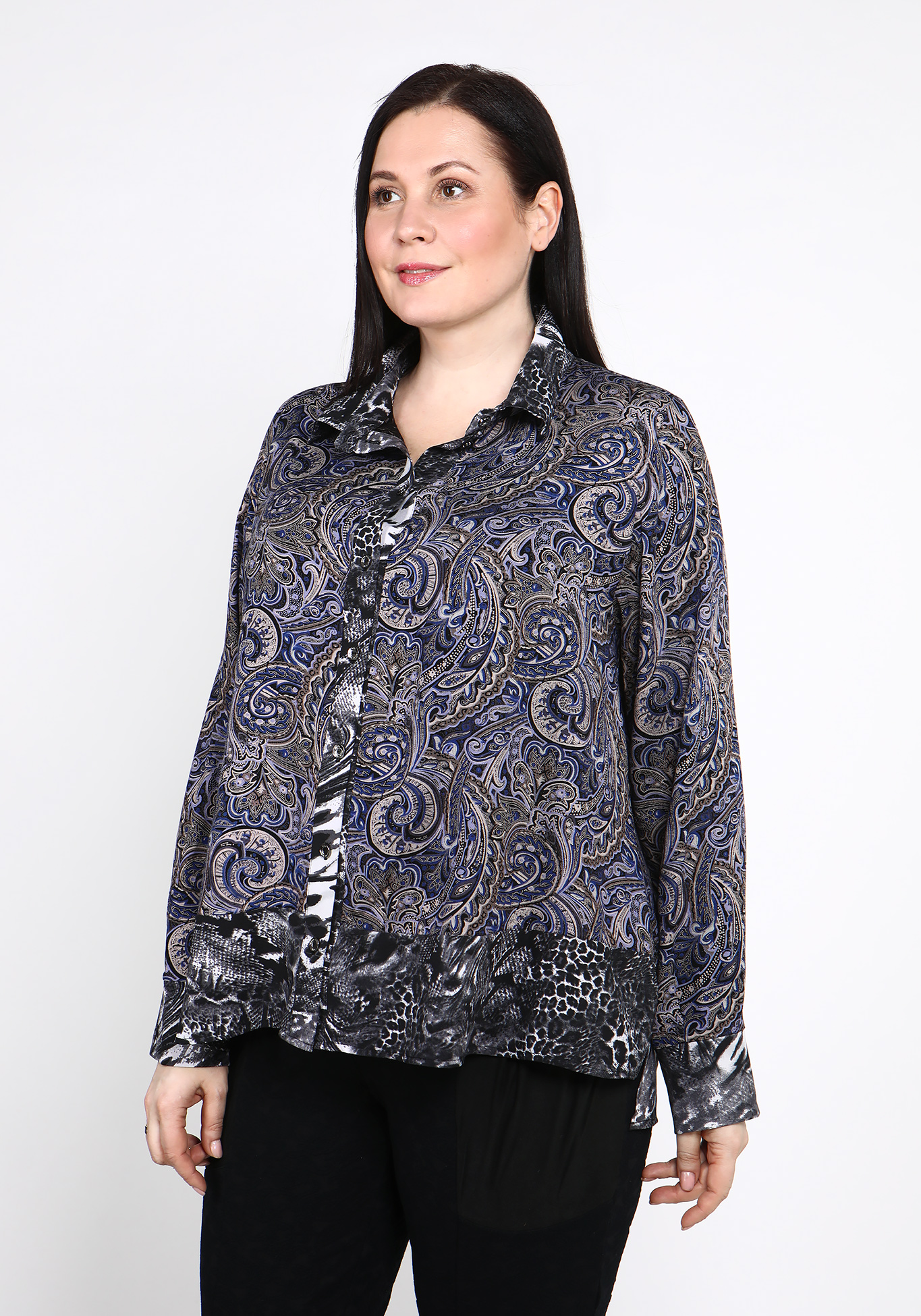 Блуза комбинированная А-силуэта GalaGrosso, размер 52, цвет сине-серый - фото 3