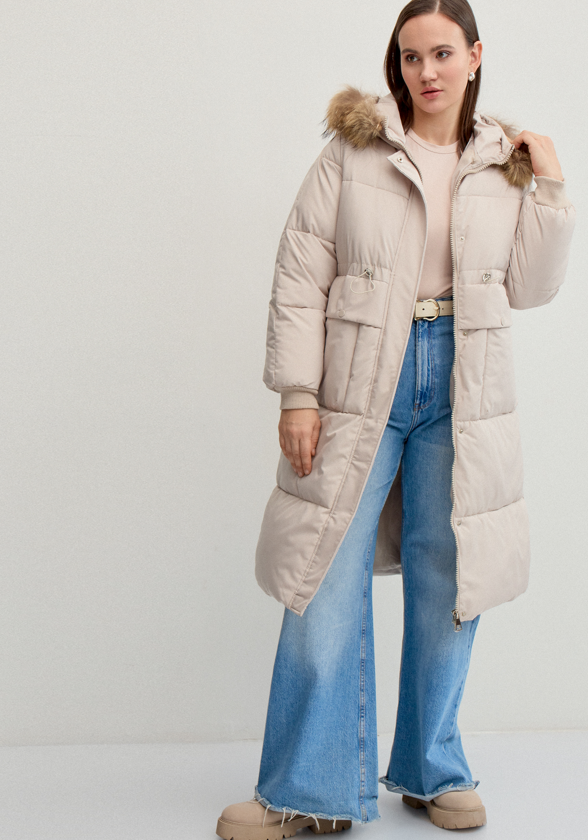 

Пальто с меховой опушкой по капюшону, Бежевый