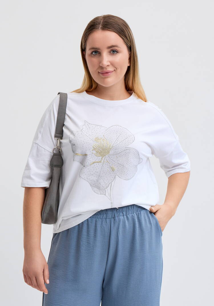 Футболка с цветочным принтом и стразами шир.  750, рис. 1